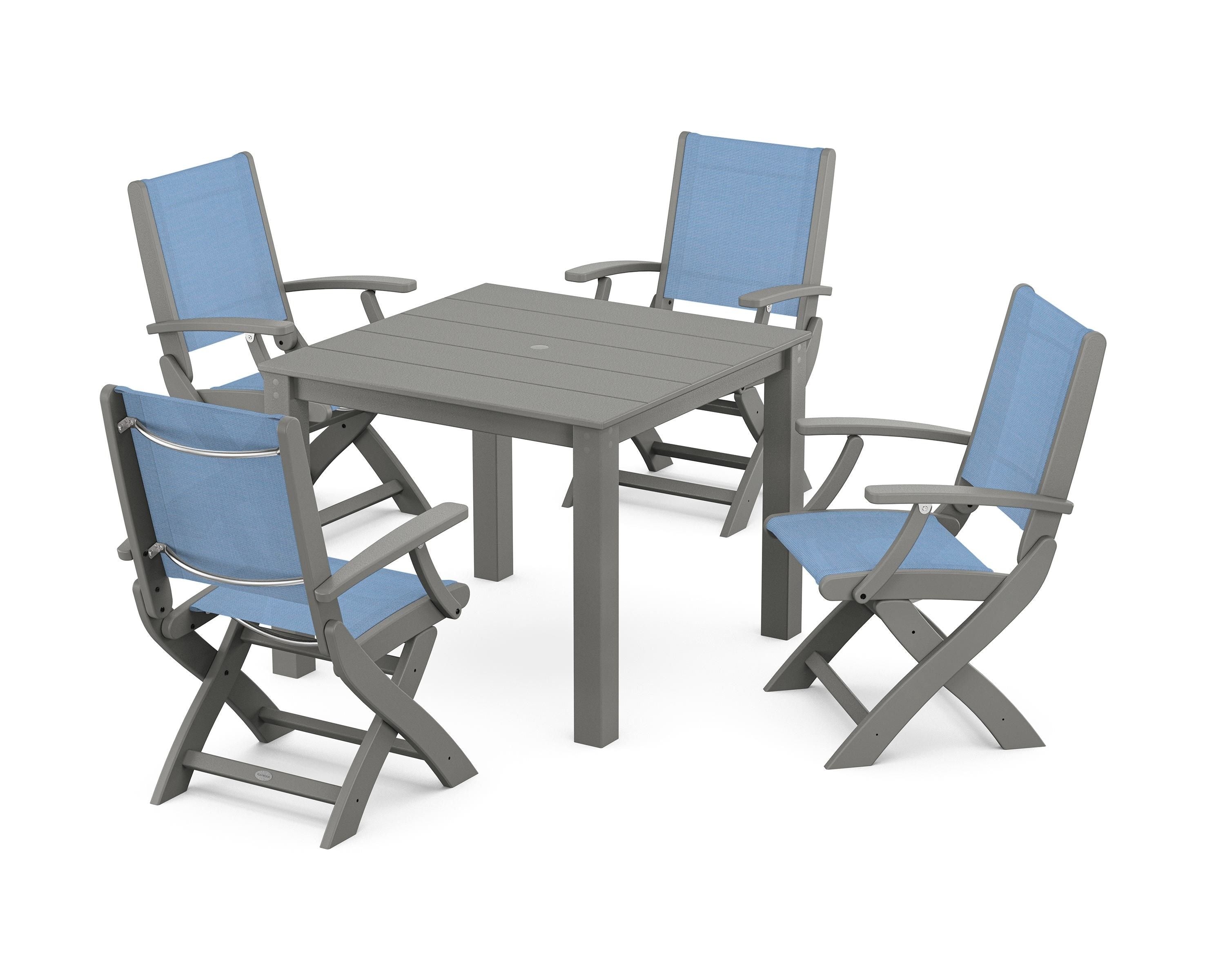 POLYWOOD Coastal Folding Chair 5-Piece Parsons Dining Set in Slate Grey / Poolside Sling