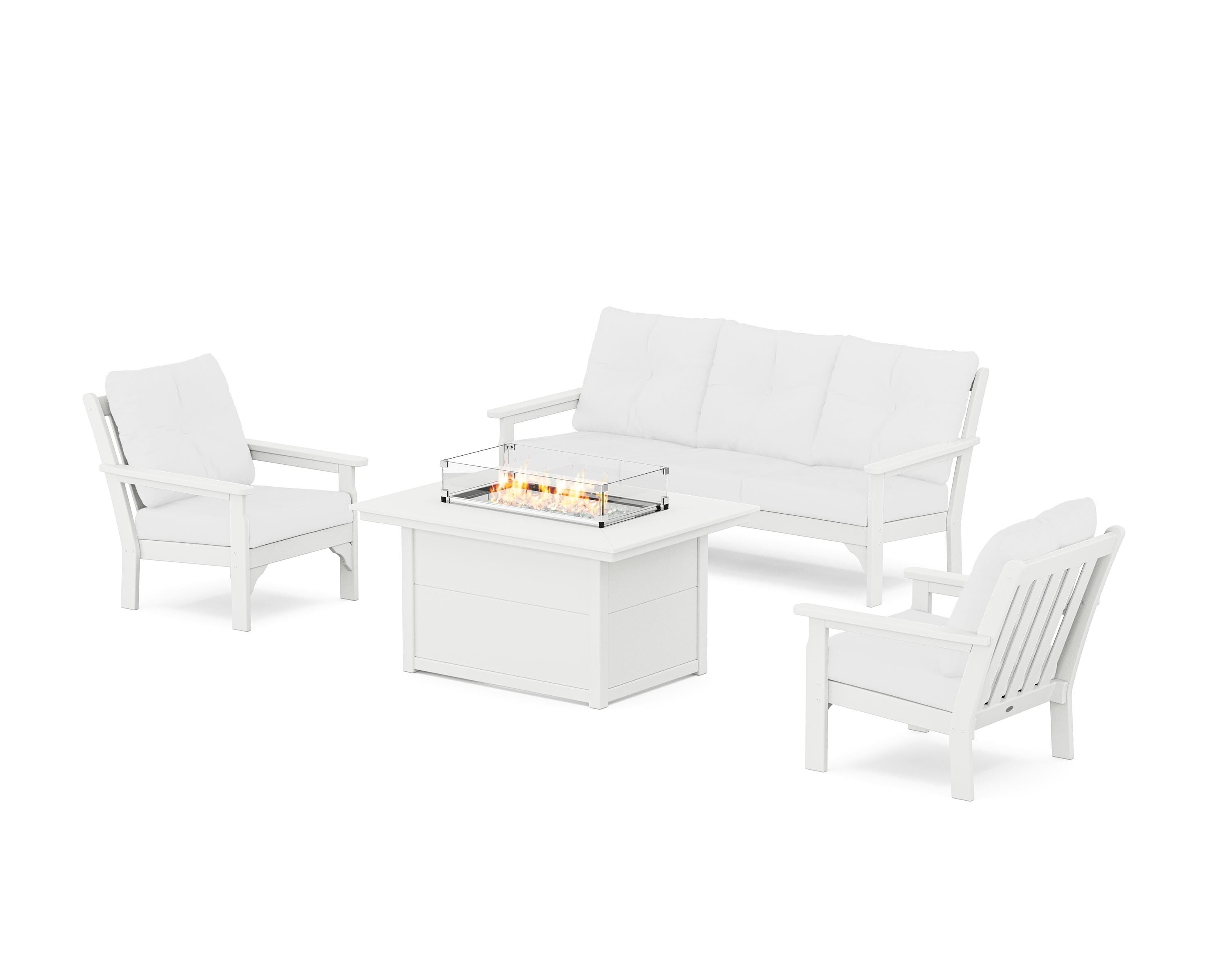 POLYWOOD Vineyard Deep Seating Fire Pit Table Set in White / Natural