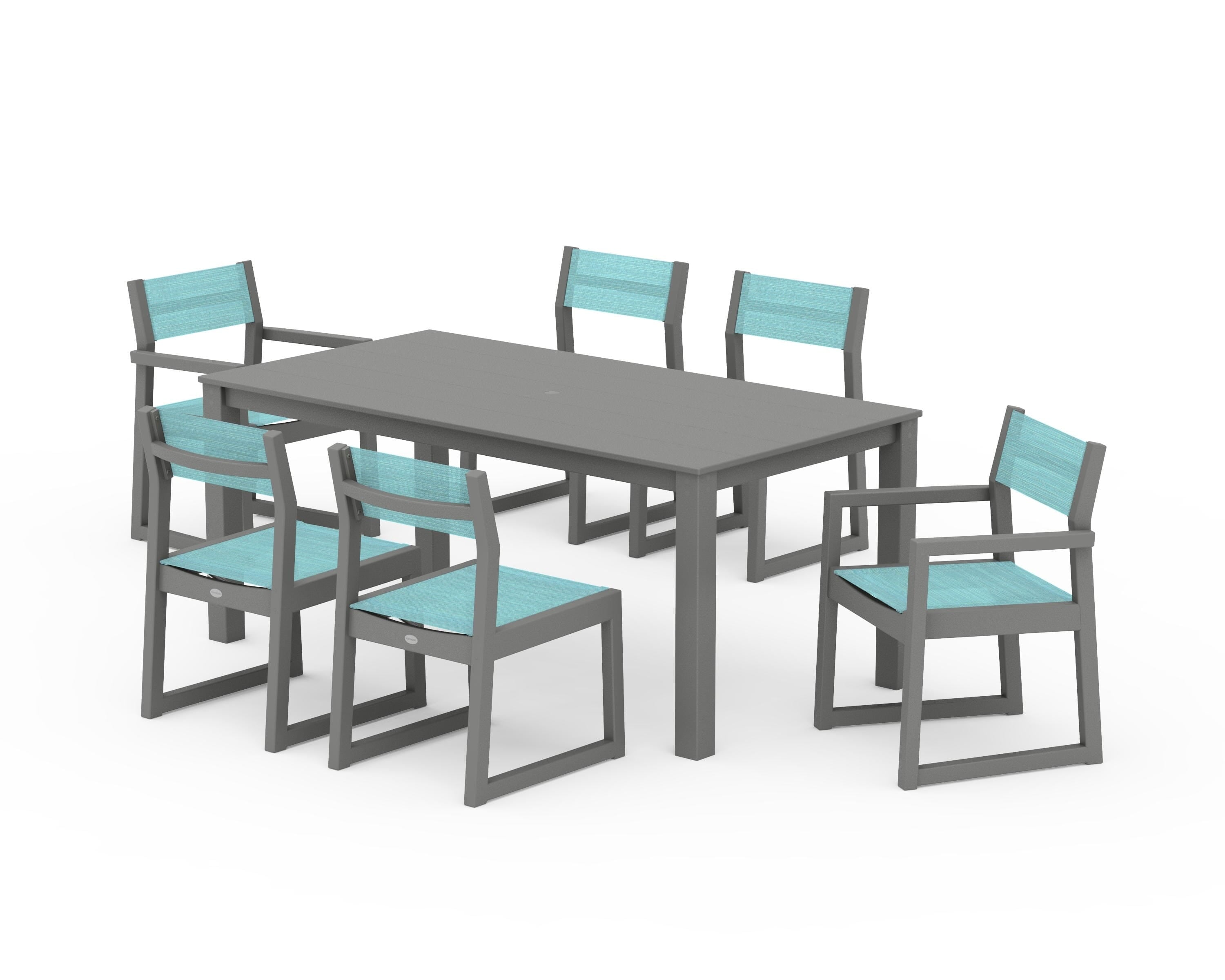 POLYWOOD EDGE Sling 7-Piece Parsons Dining Set in Slate Grey / Dupioni Aquamarine Sling