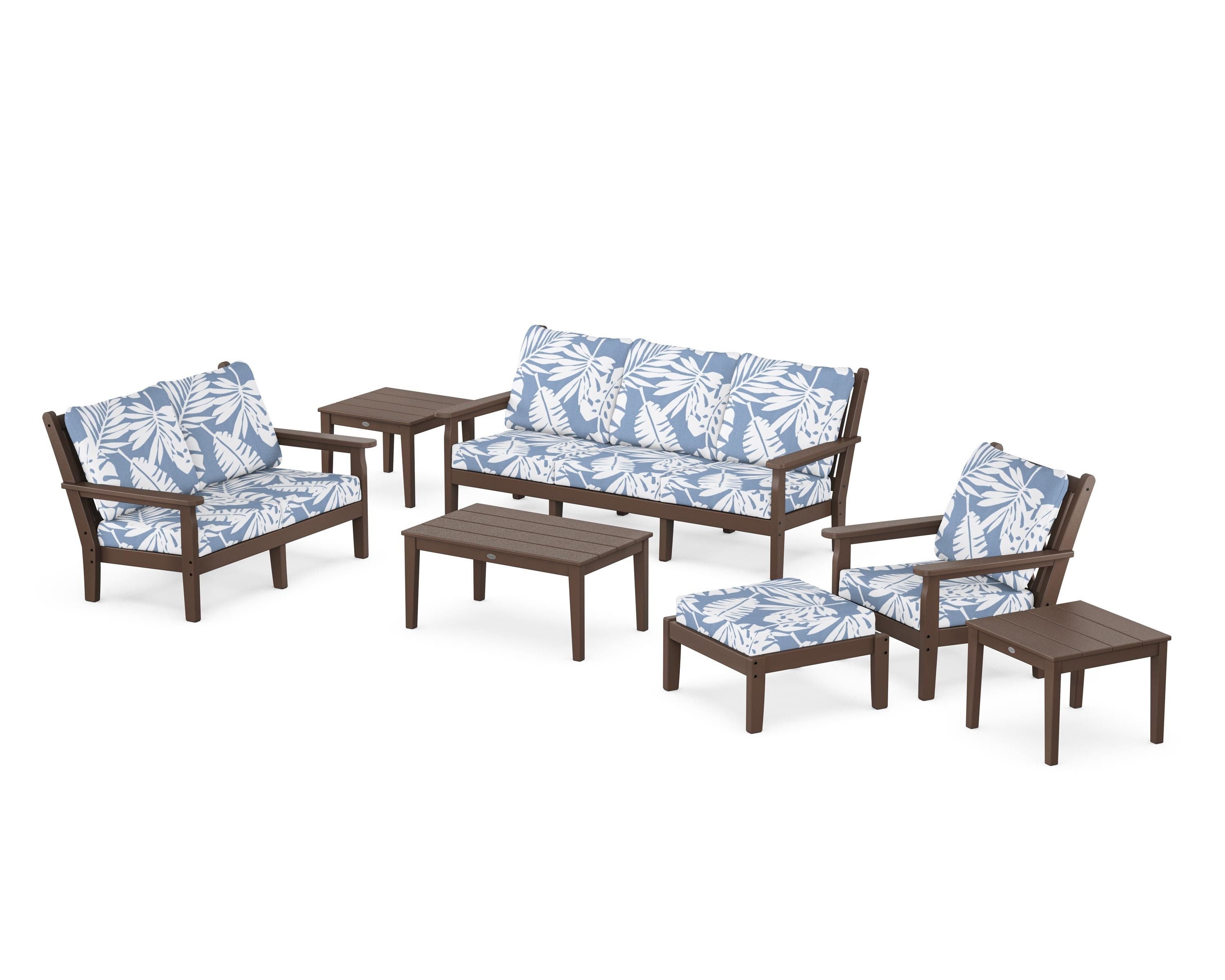 POLYWOOD Chippendale 7-Piece Deep Seating Set in Mahogany / Leaf Sky Blue