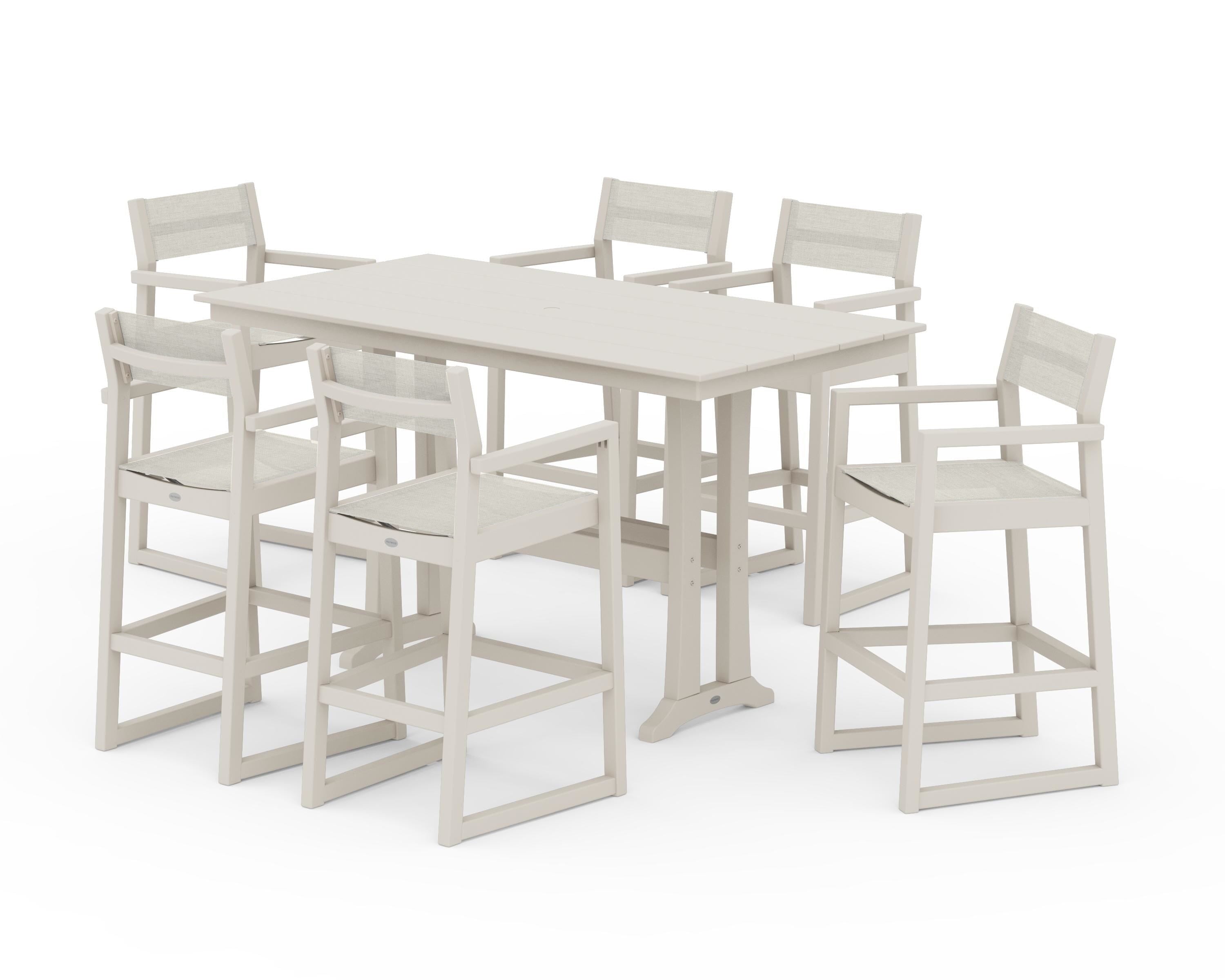 POLYWOOD EDGE Sling Arm Chair 7-Piece Farmhouse Bar Set with Trestle Legs in Sand / Parchment Sling