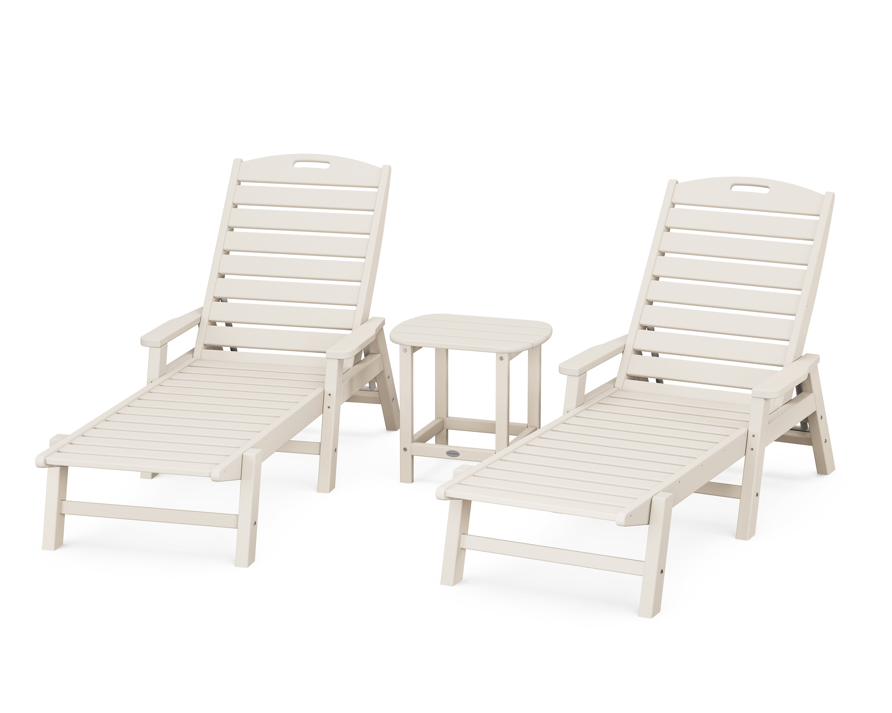 POLYWOOD Nautical 3-Piece Chaise Lounge with Arms Set with South Beach 18" Side Table in Sand