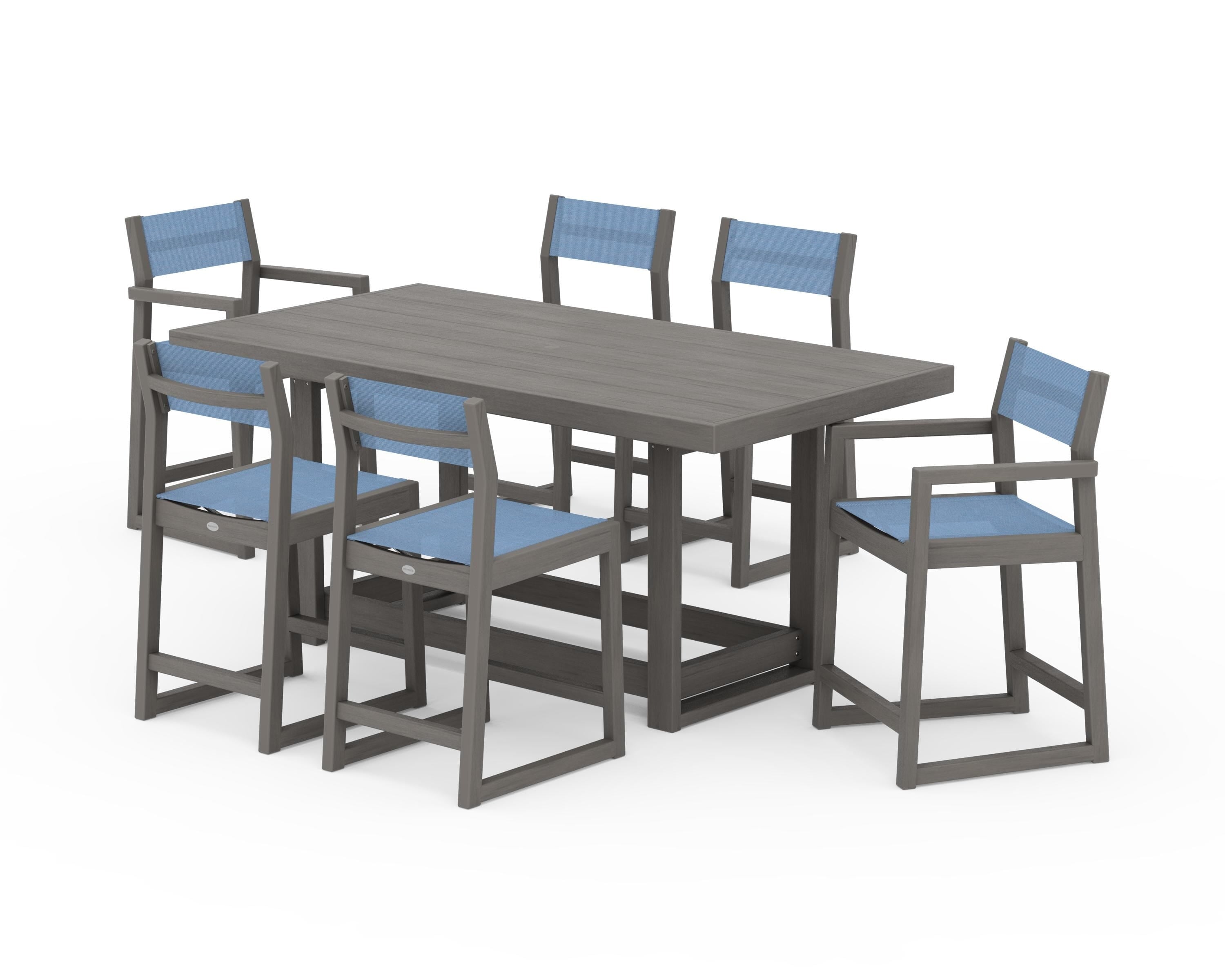 POLYWOOD EDGE Sling 7-Piece Counter Table Set in Driftwood / Poolside Sling