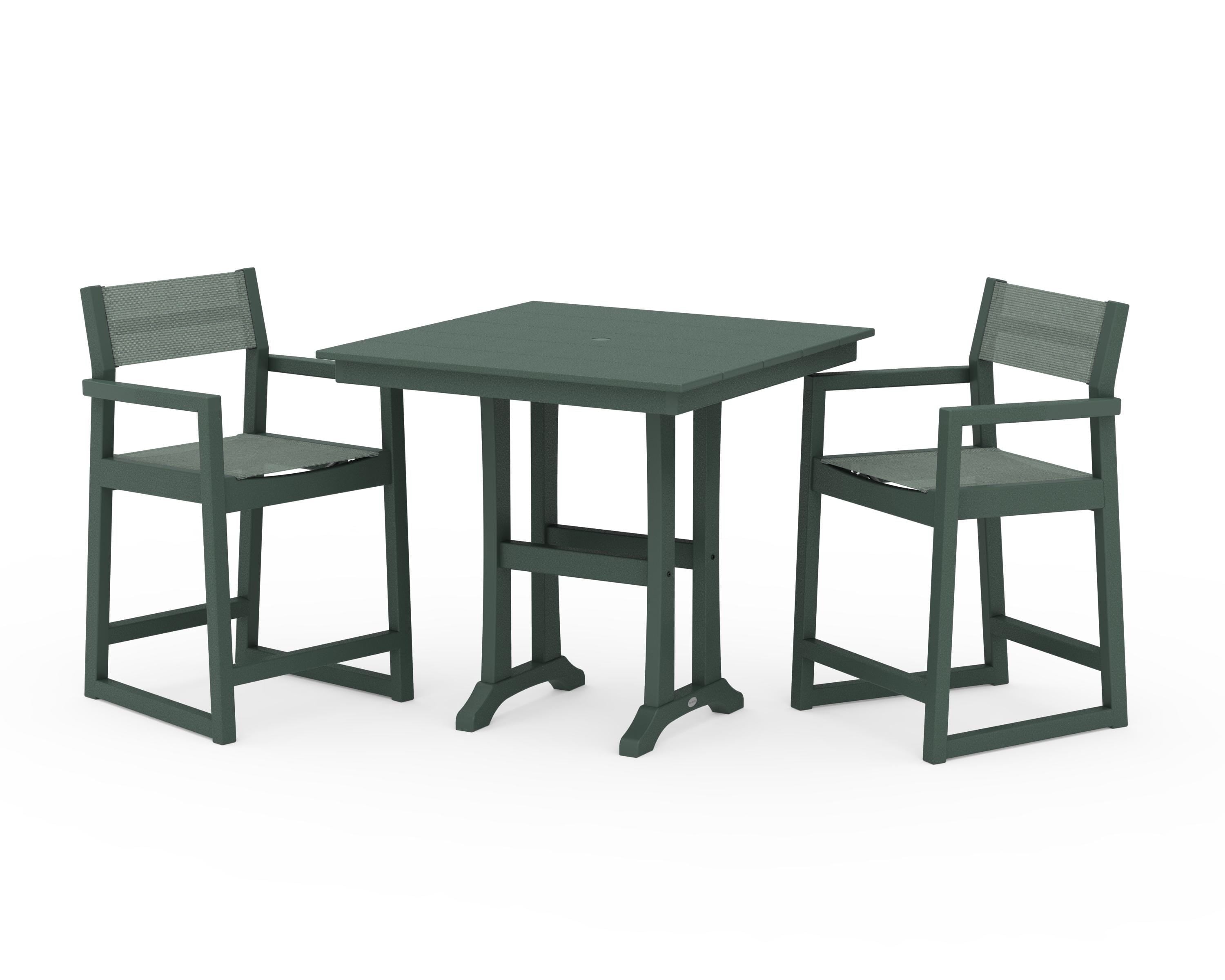POLYWOOD EDGE Sling Arm Chair 3-Piece Farmhouse Counter Set with Trestle Legs in Green / Dupioni Sea Mist Sling