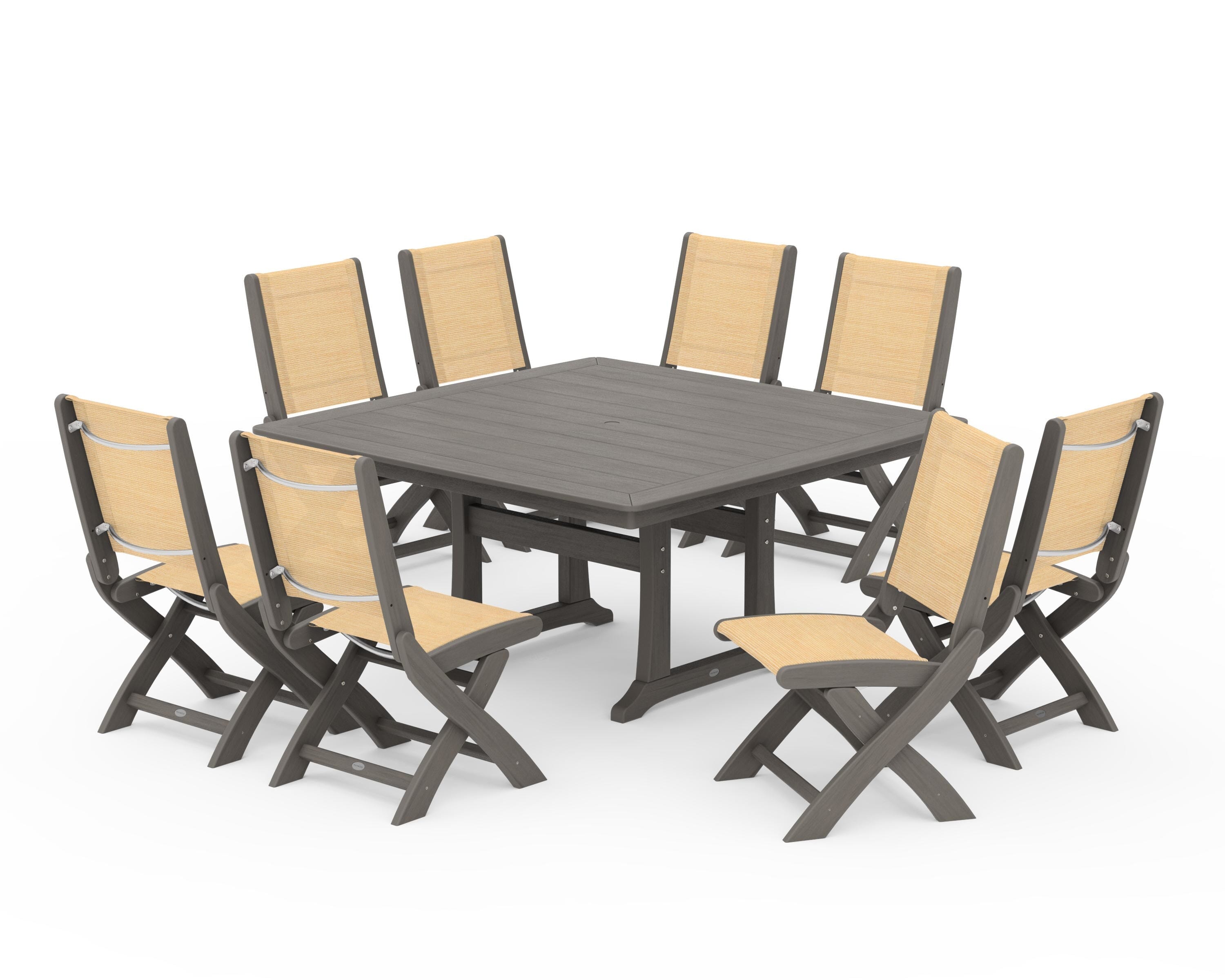 POLYWOOD Coastal Folding Side Chair 9-Piece Dining Set with Trestle Legs in Driftwood / Dupioni Apricot Sling