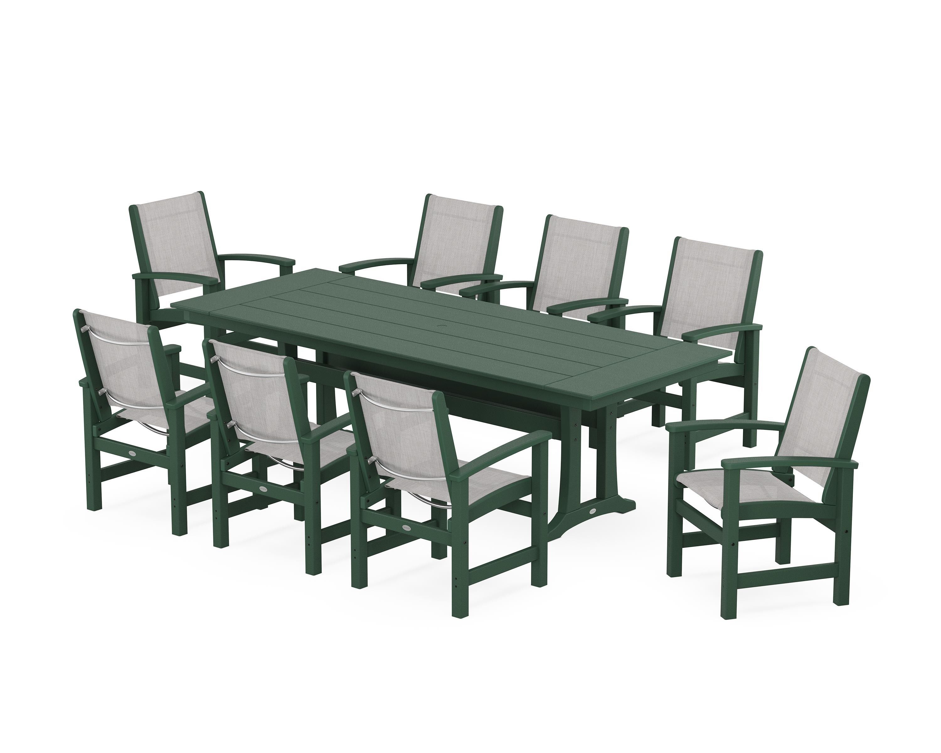 POLYWOOD Coastal 9-Piece Farmhouse Dining Set with Trestle Legs in Green / Parchment Sling