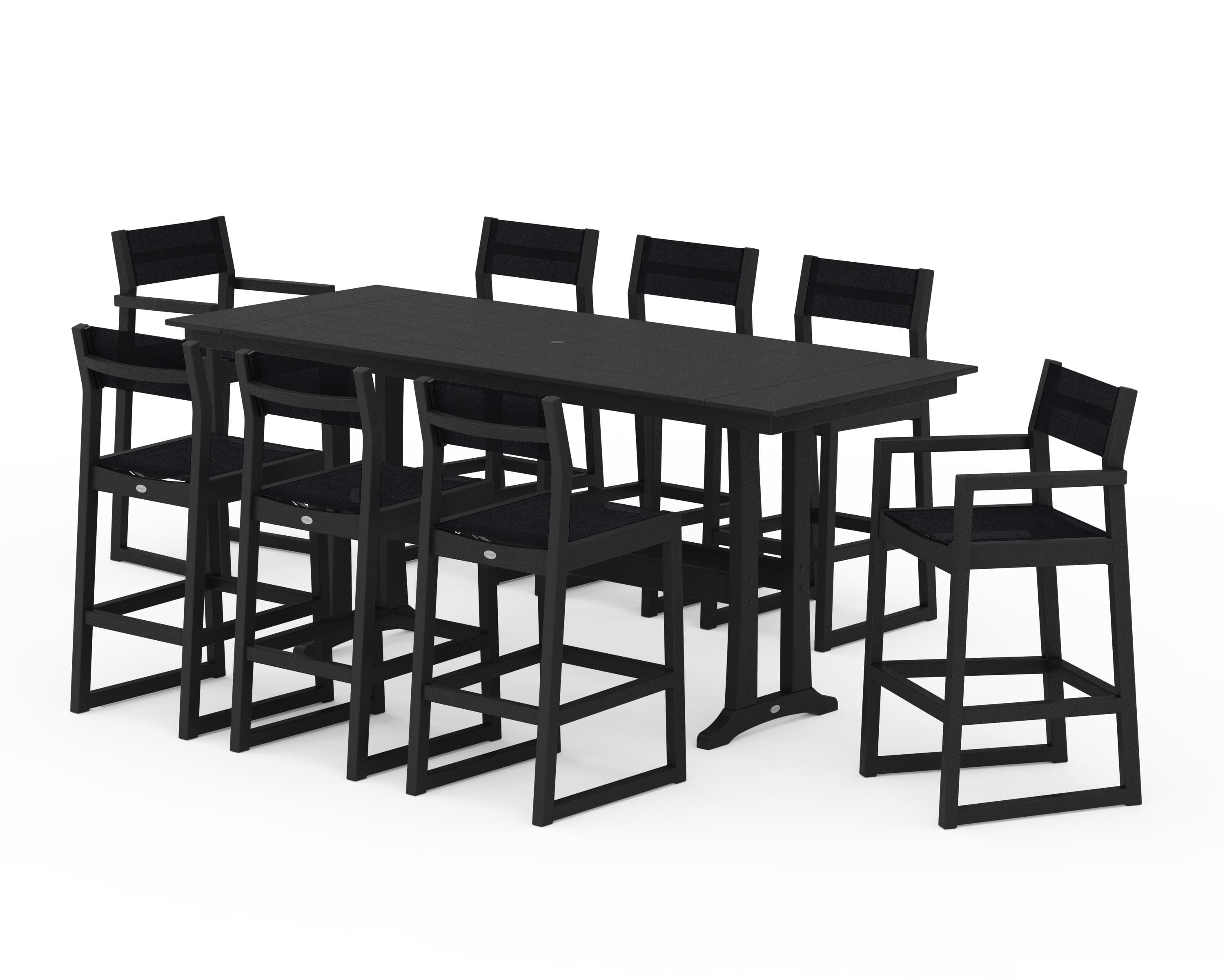 POLYWOOD EDGE Sling 9-Piece Farmhouse Bar Set with Trestle Legs in Black / Black Sling