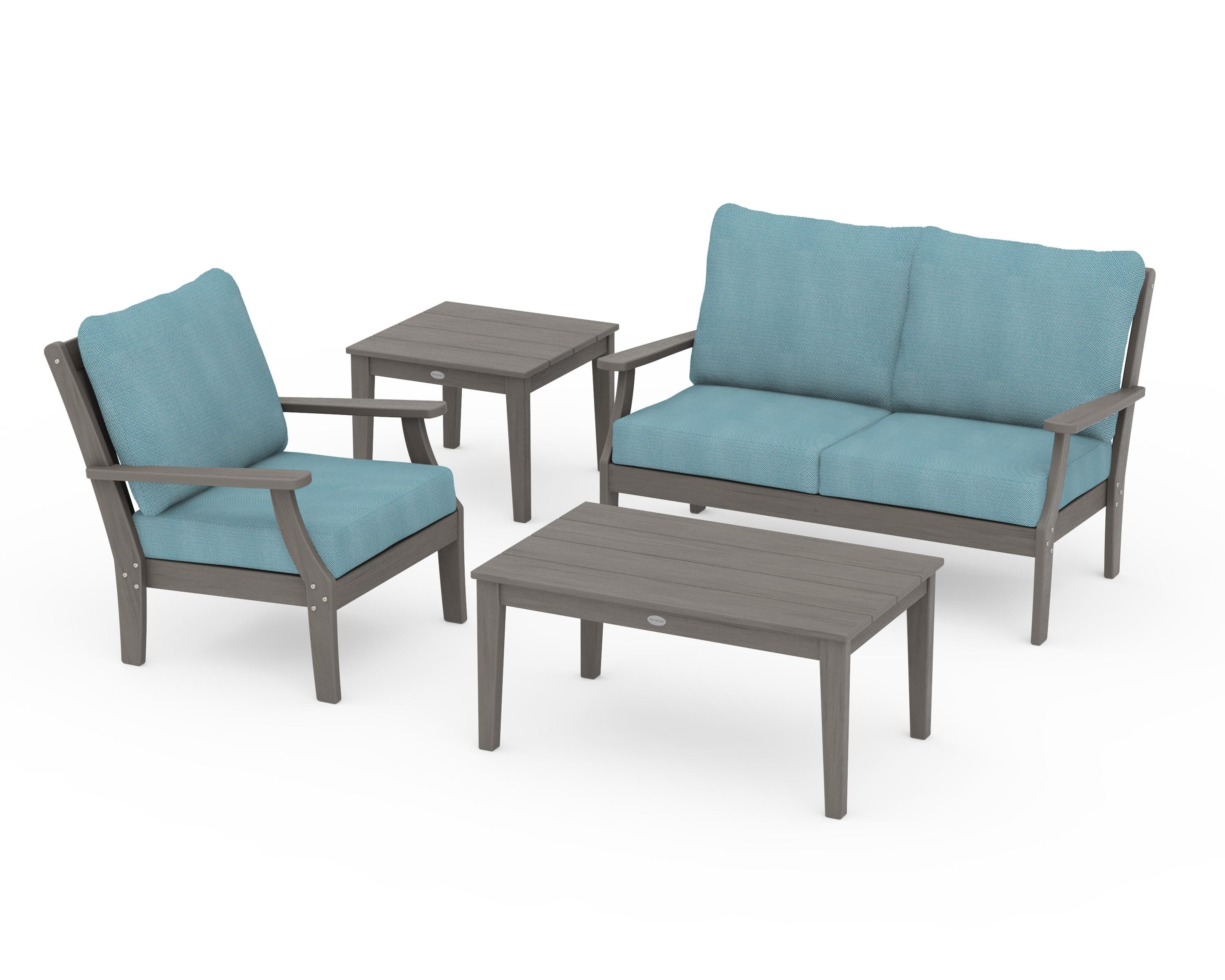 POLYWOOD Braxton 4-Piece Deep Seating Set in Driftwood / Lattice Sky Blue