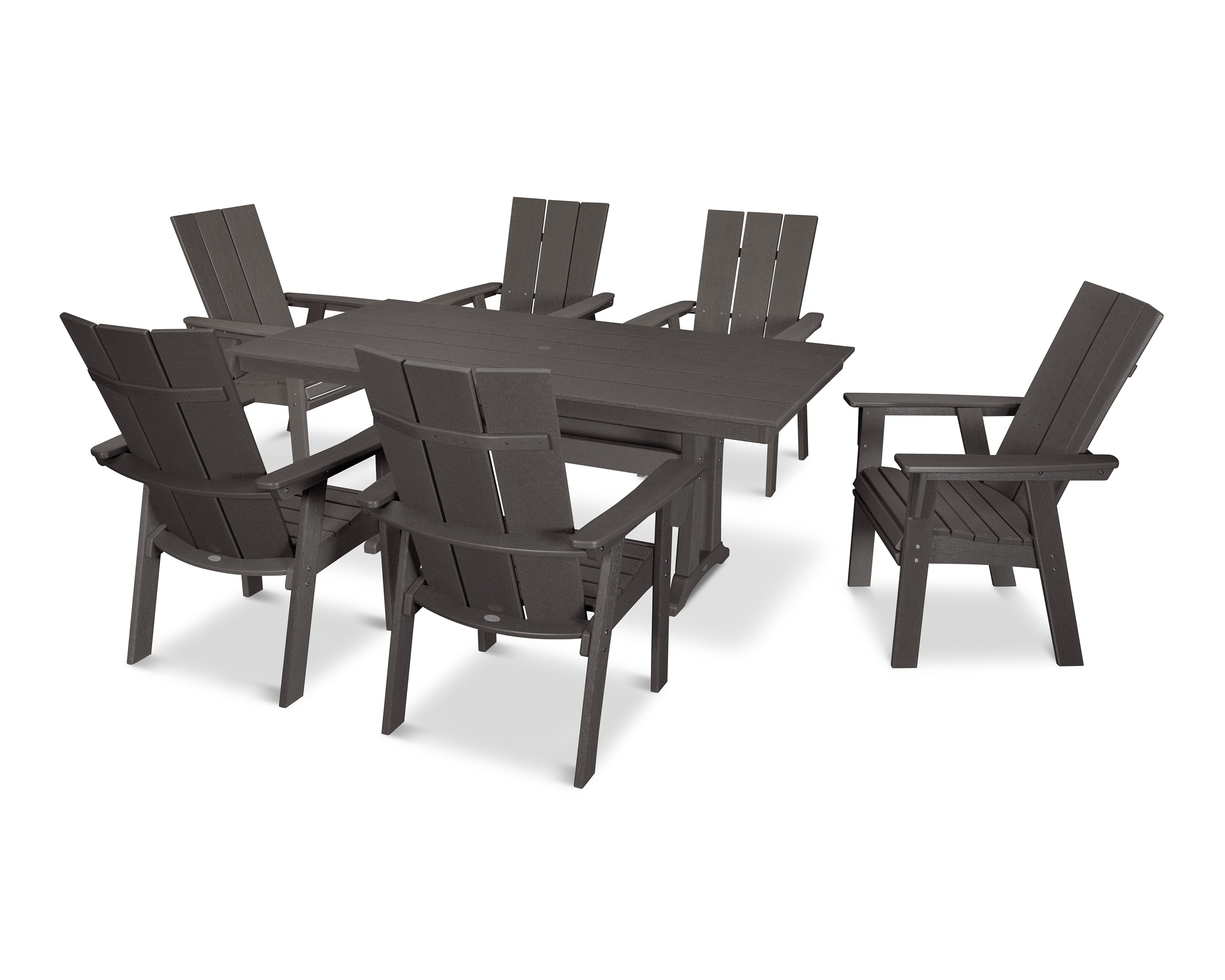 POLYWOOD® Modern Curveback Adirondack 7-Piece Farmhouse Dining Set with Trestle Legs in Vintage Coffee