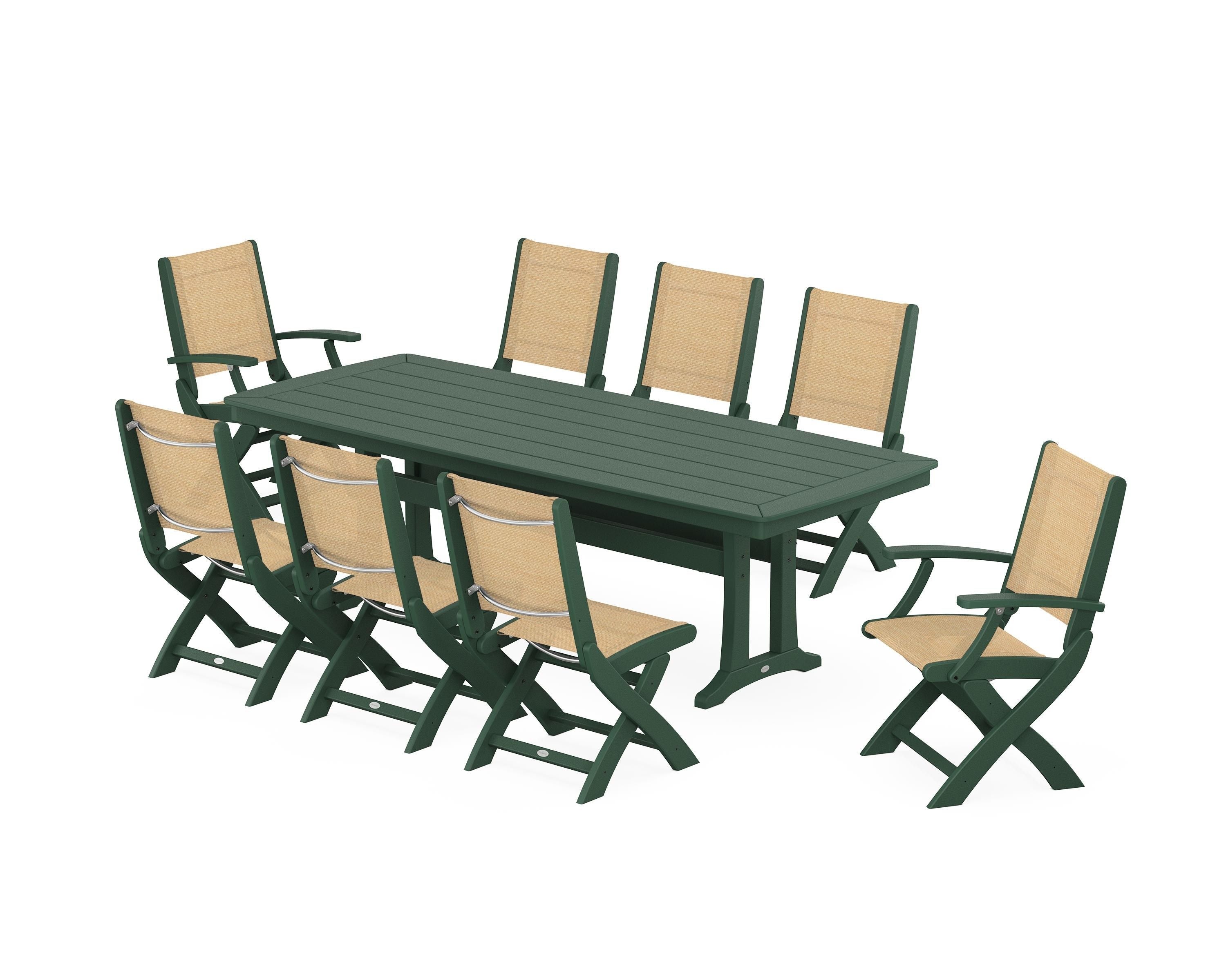 POLYWOOD Coastal Folding 9-Piece Dining Set with Trestle Legs in Green / Dupioni Apricot Sling
