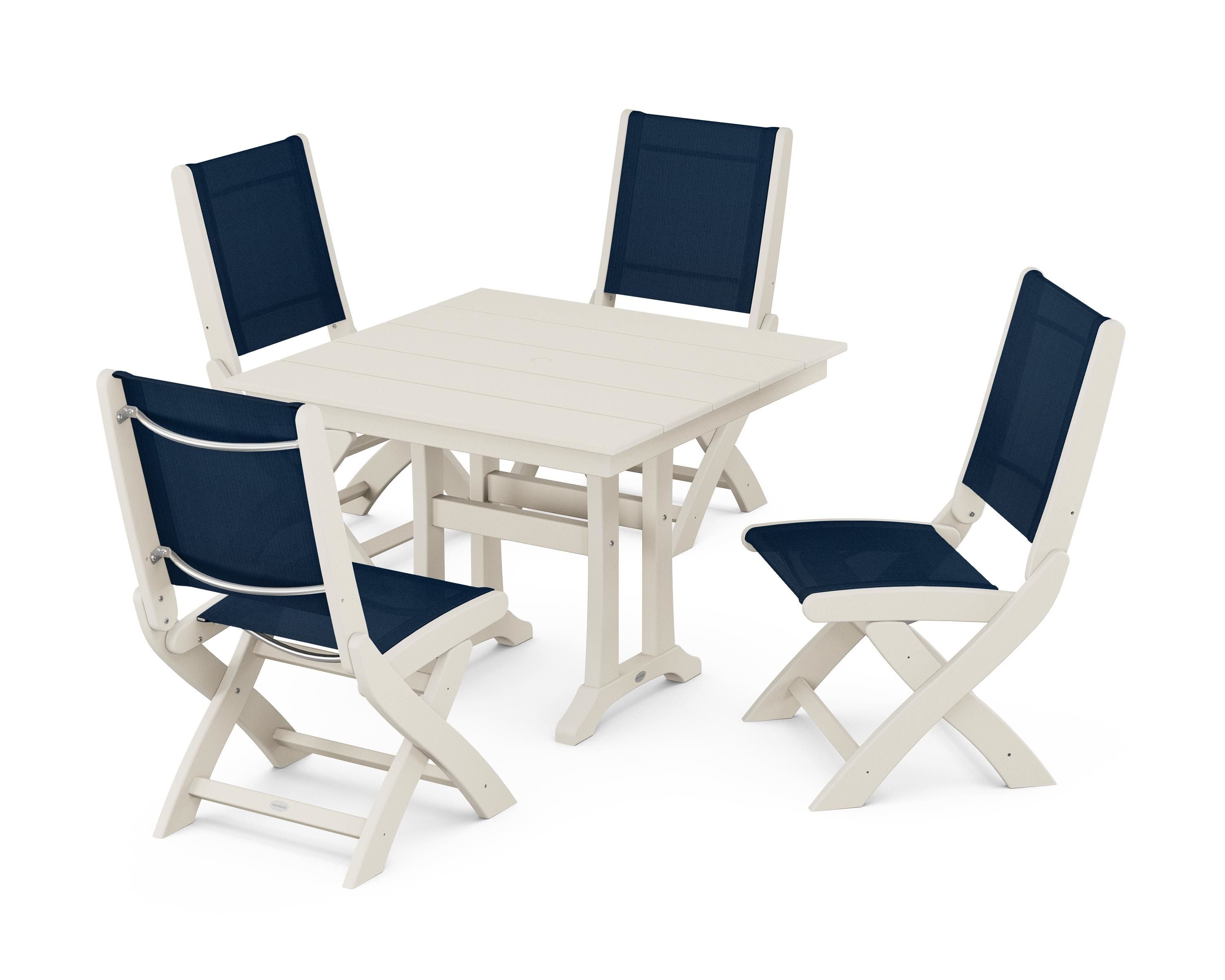 POLYWOOD Coastal Folding Side Chair 5-Piece Farmhouse Dining Set With Trestle Legs in Sand / Navy Blue Sling