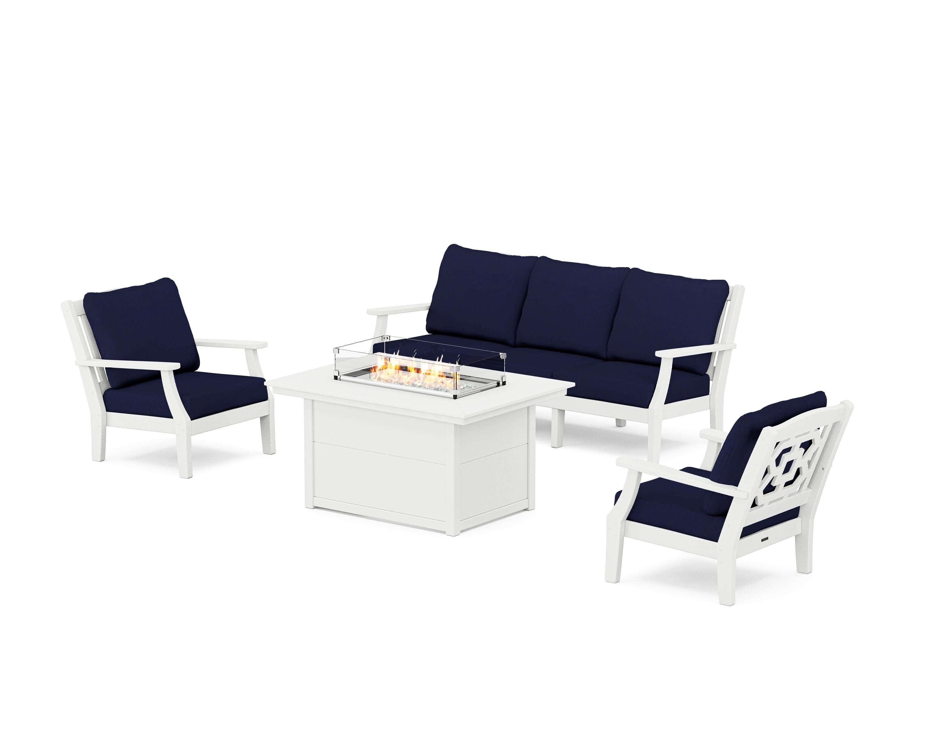 Martha Stewart by POLYWOOD Chinoiserie Deep Seating Fire Pit Table Set in White / Navy