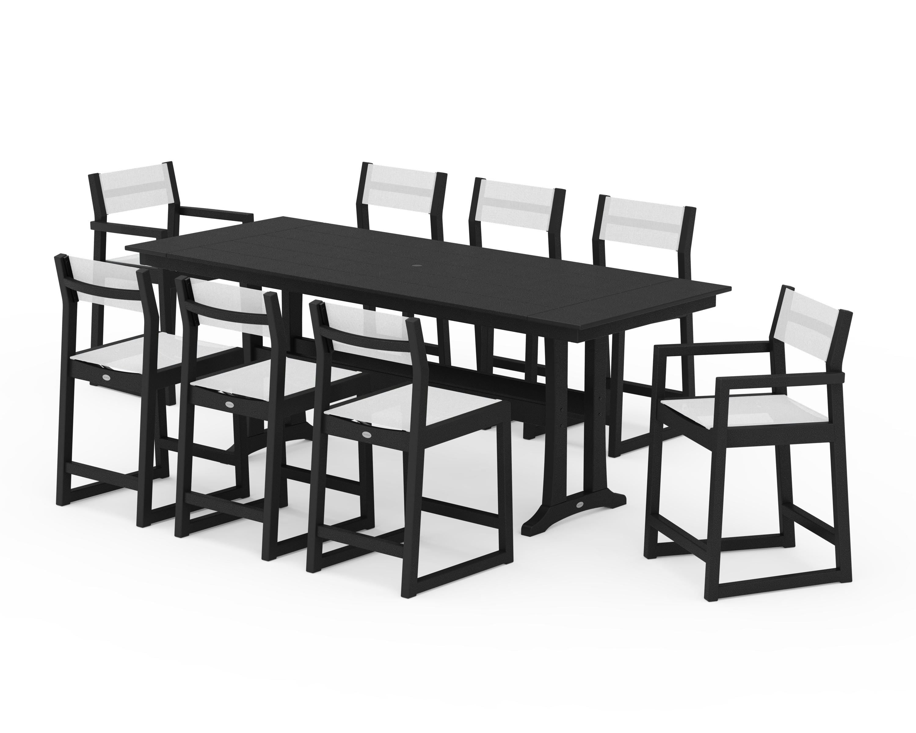 POLYWOOD EDGE Sling 9-Piece Farmhouse Counter Set with Trestle Legs in Black / White Sling