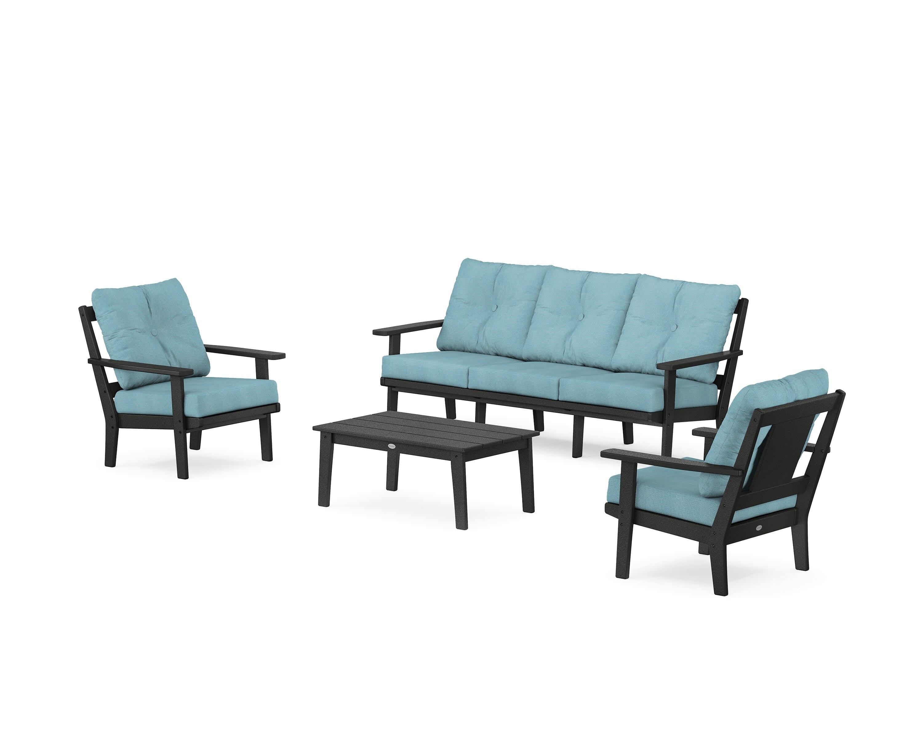 POLYWOOD Prairie 4-Piece Deep Seating Set with Sofa in Black / Lattice Sky Blue