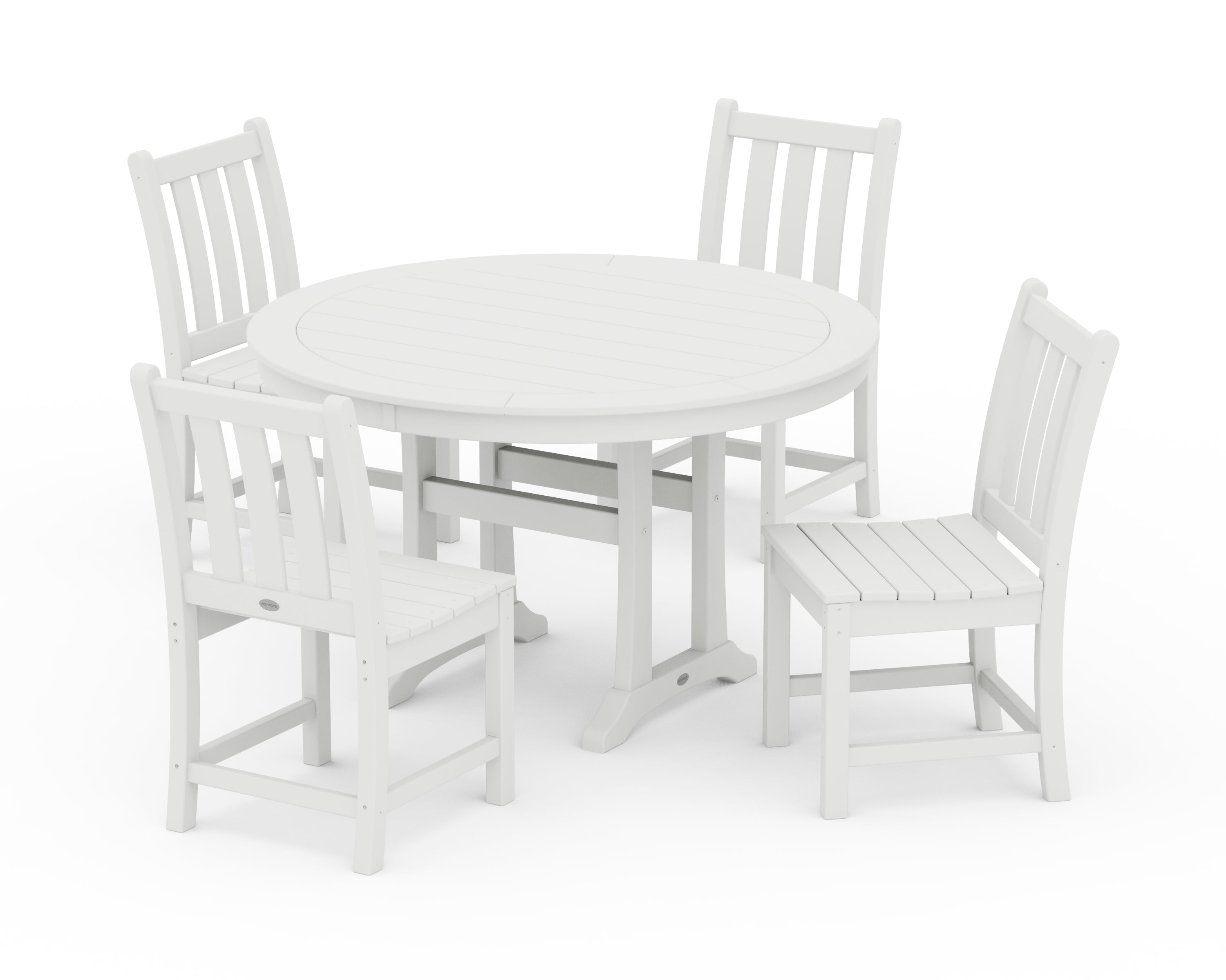POLYWOOD Traditional Garden Side Chair 5-Piece Round Dining Set With Trestle Legs in White