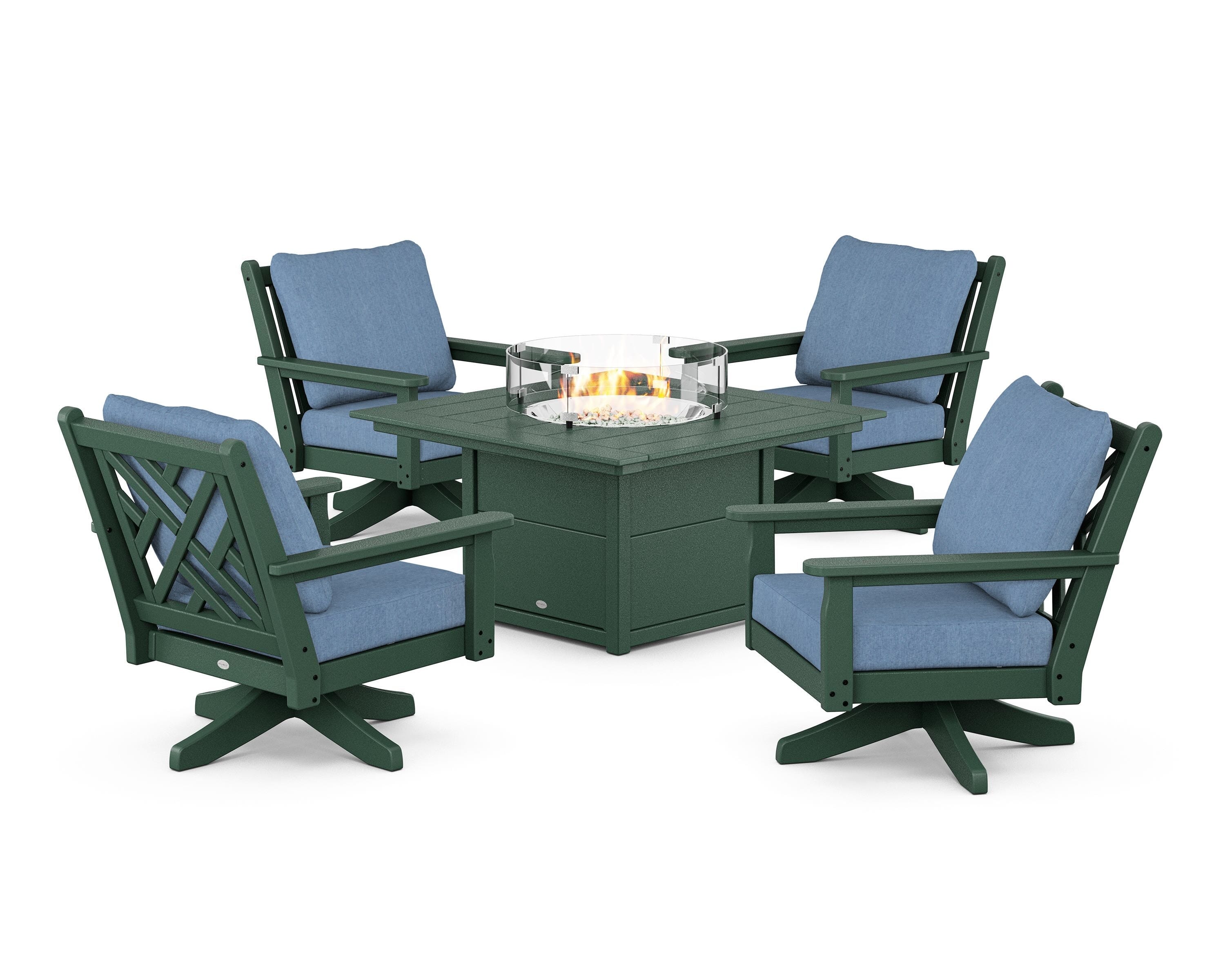 POLYWOOD Chippendale 5-Piece Deep Seating Swivel Conversation Set with Fire Pit Table in Green / Sky Blue