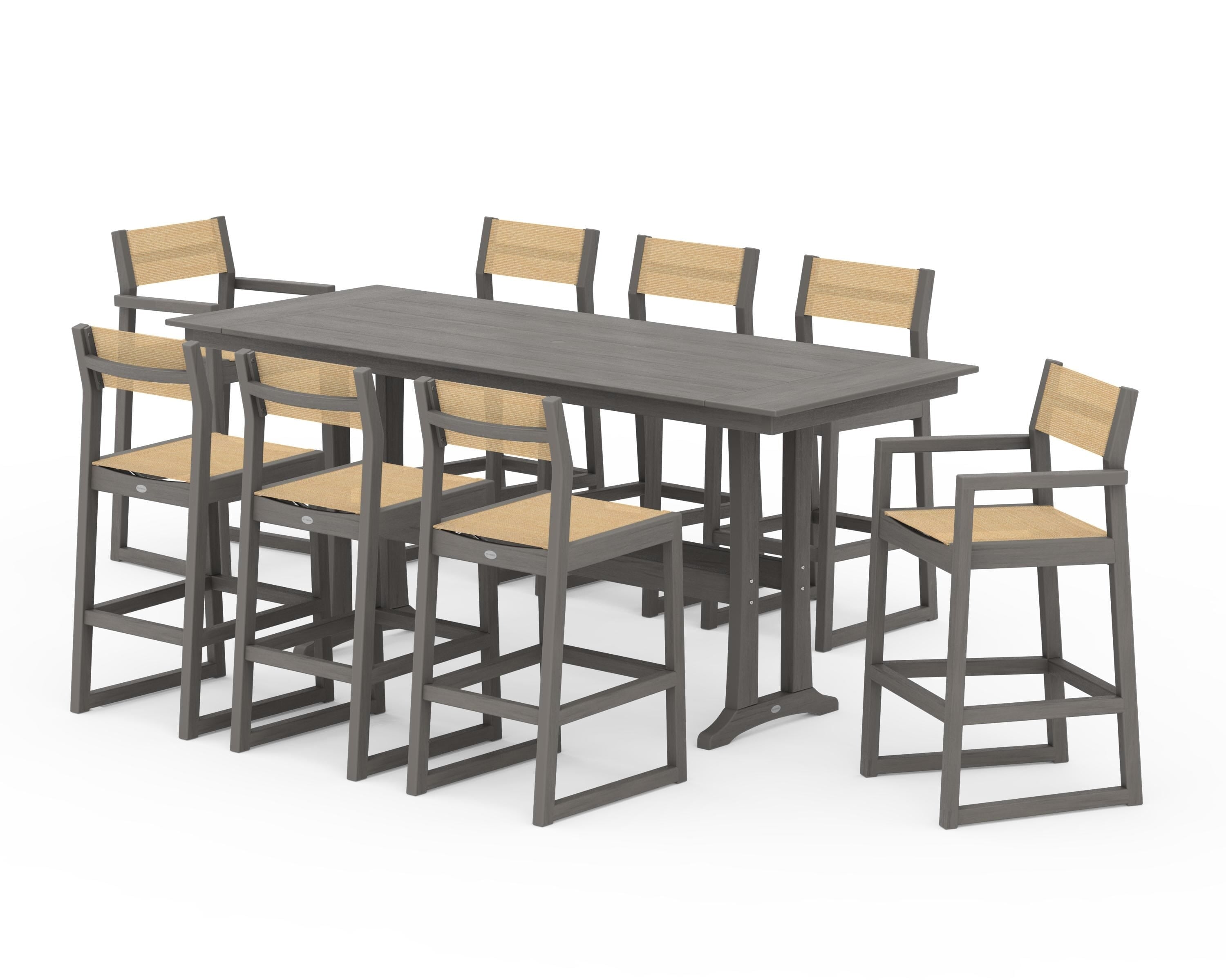 POLYWOOD EDGE Sling 9-Piece Farmhouse Bar Set with Trestle Legs in Driftwood / Dupioni Apricot Sling