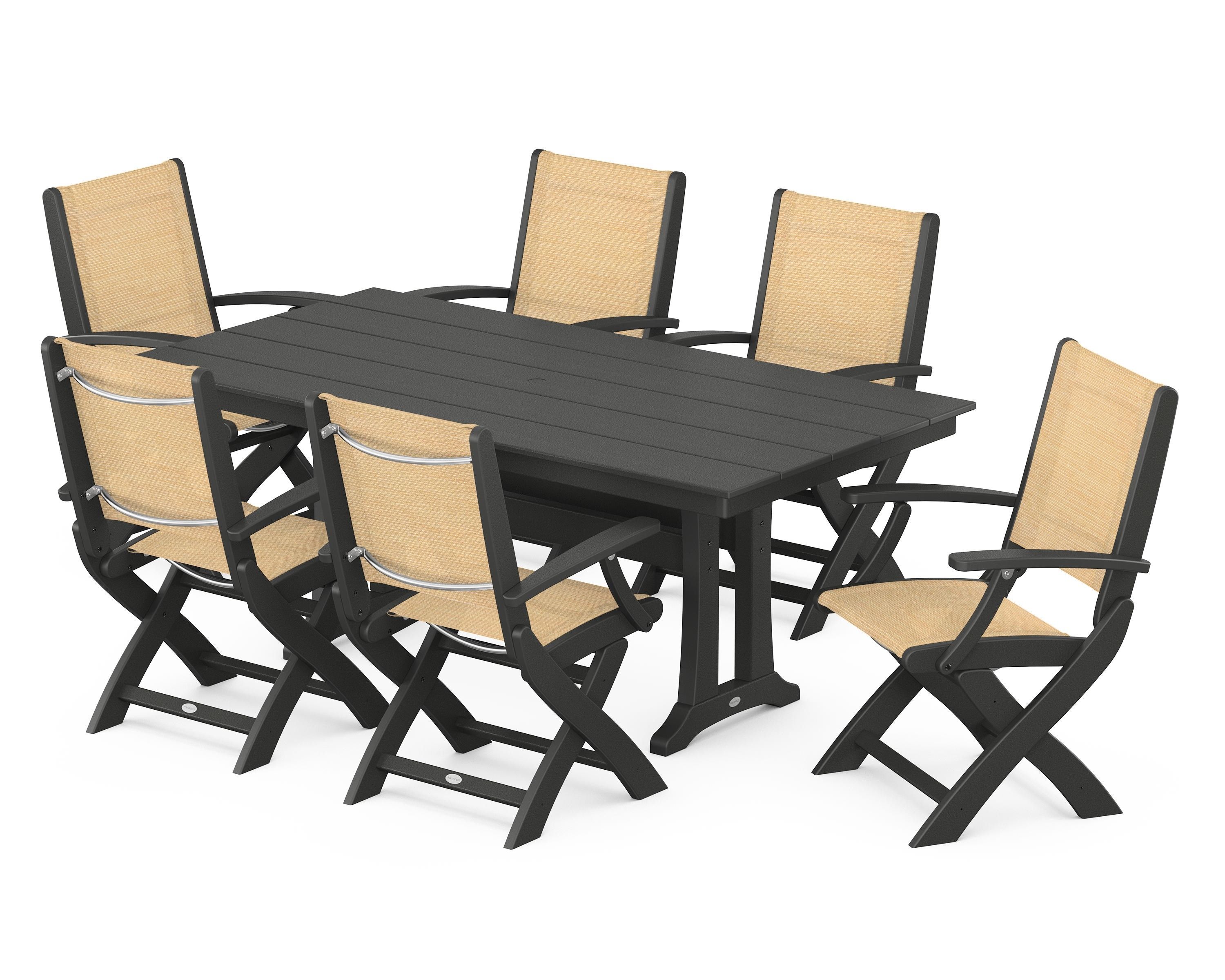 POLYWOOD Coastal Folding Arm Chair 7-Piece Farmhouse Dining Set with Trestle Legs in Black / Dupioni Apricot Sling