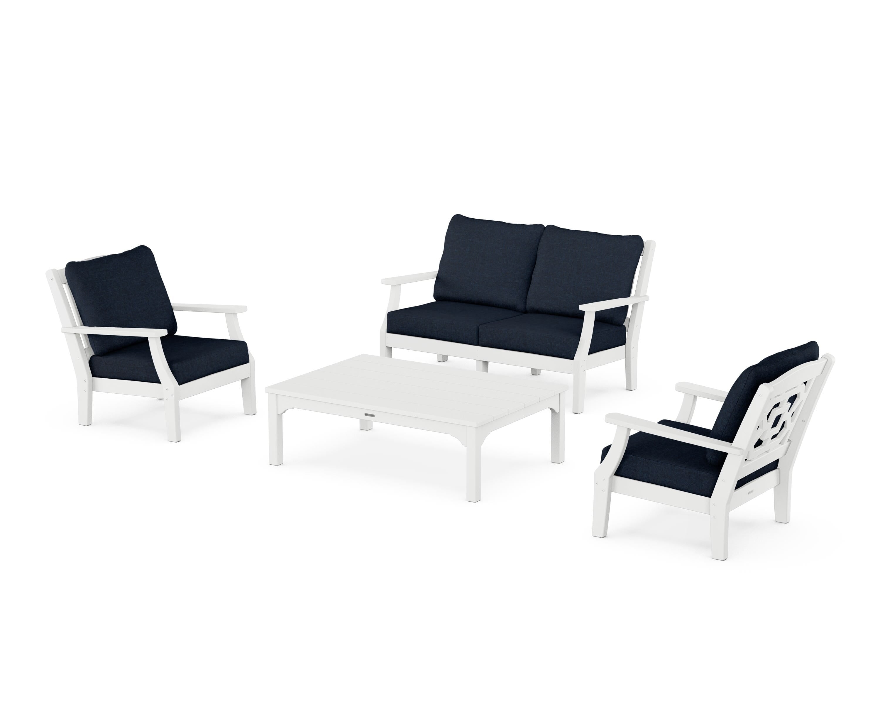 Martha Stewart by POLYWOOD Chinoiserie 4-Piece Deep Seating Set with Loveseat in White / Marine Indigo
