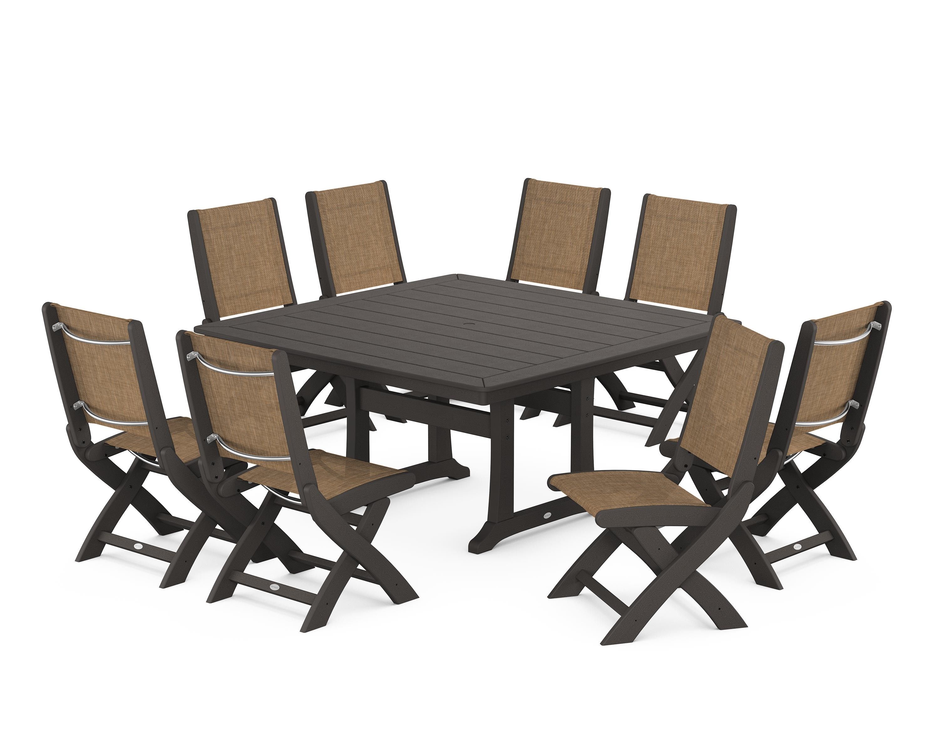 POLYWOOD Coastal Folding Side Chair 9-Piece Dining Set with Trestle Legs in Vintage Coffee / Burlap Sling