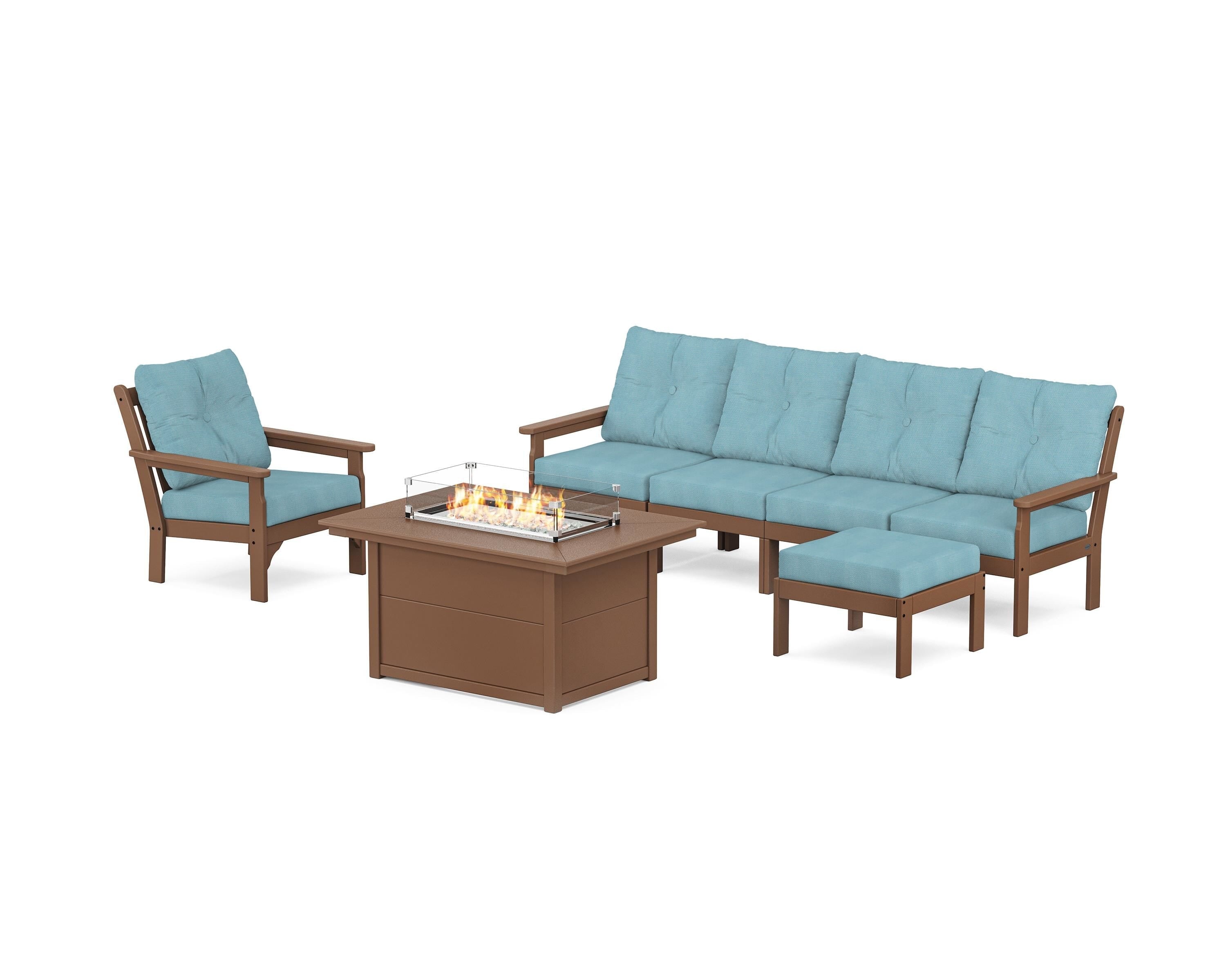 POLYWOOD Vineyard Sectional Lounge and Fire Pit Set in Teak / Lattice Sky Blue