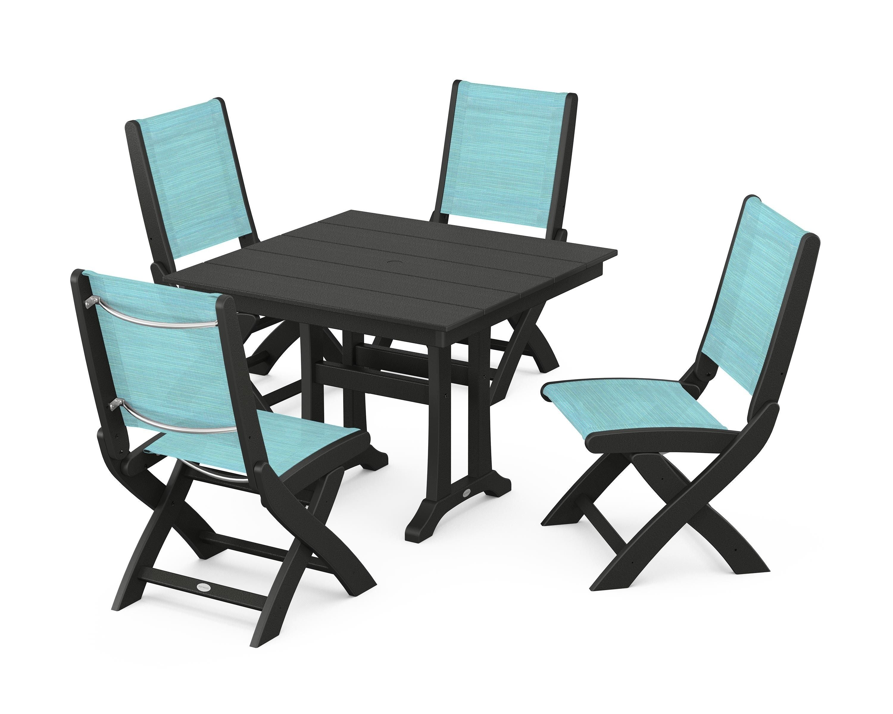 POLYWOOD Coastal Folding Side Chair 5-Piece Farmhouse Dining Set With Trestle Legs in Black / Dupioni Aquamarine Sling