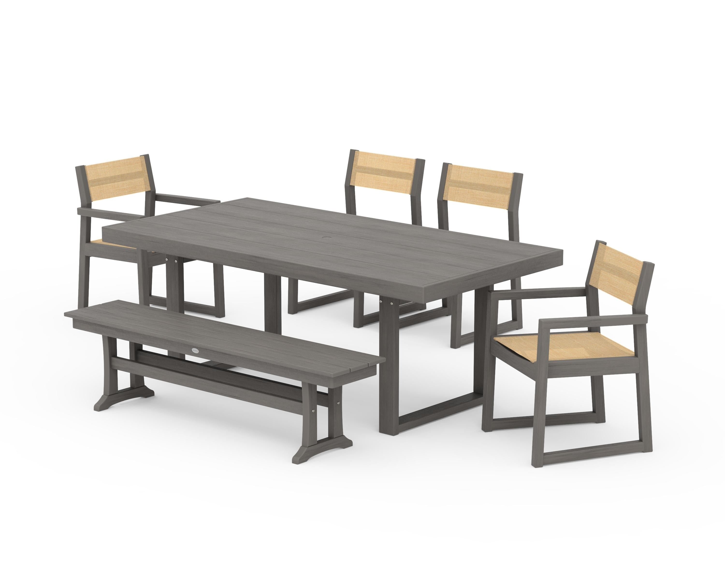 POLYWOOD EDGE Sling 6-Piece Dining Set with Bench in Driftwood / Dupioni Apricot Sling