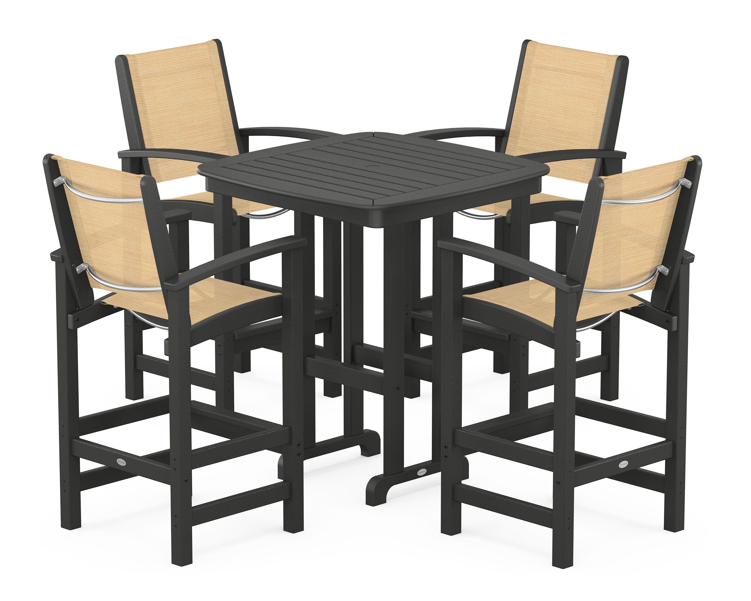 POLYWOOD Coastal 5-Piece Bar Set in Black / Dupioni Apricot Sling