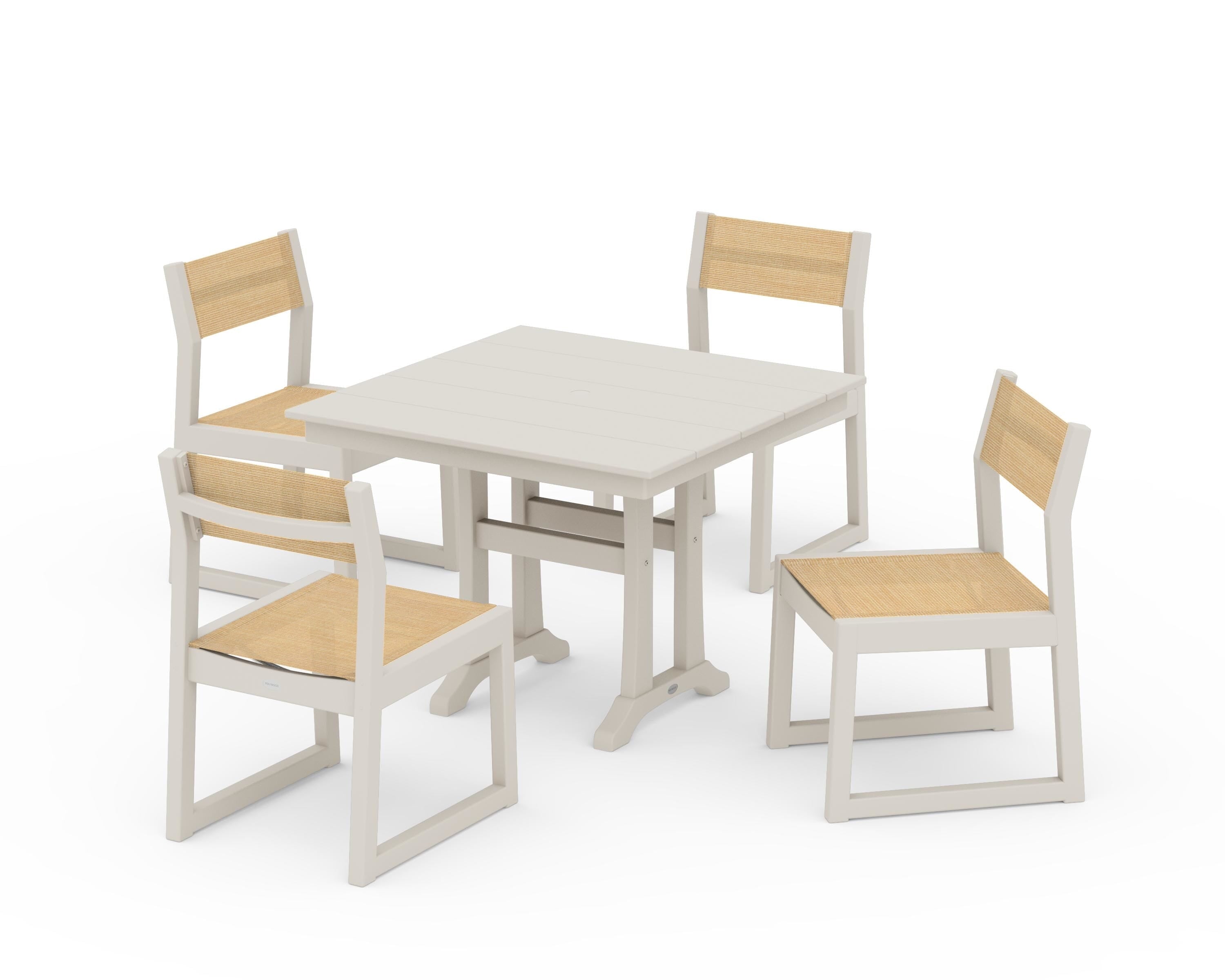POLYWOOD EDGE Sling 5-Piece Farmhouse Trestle Side Chair Dining Set in Sand / Dupioni Apricot Sling
