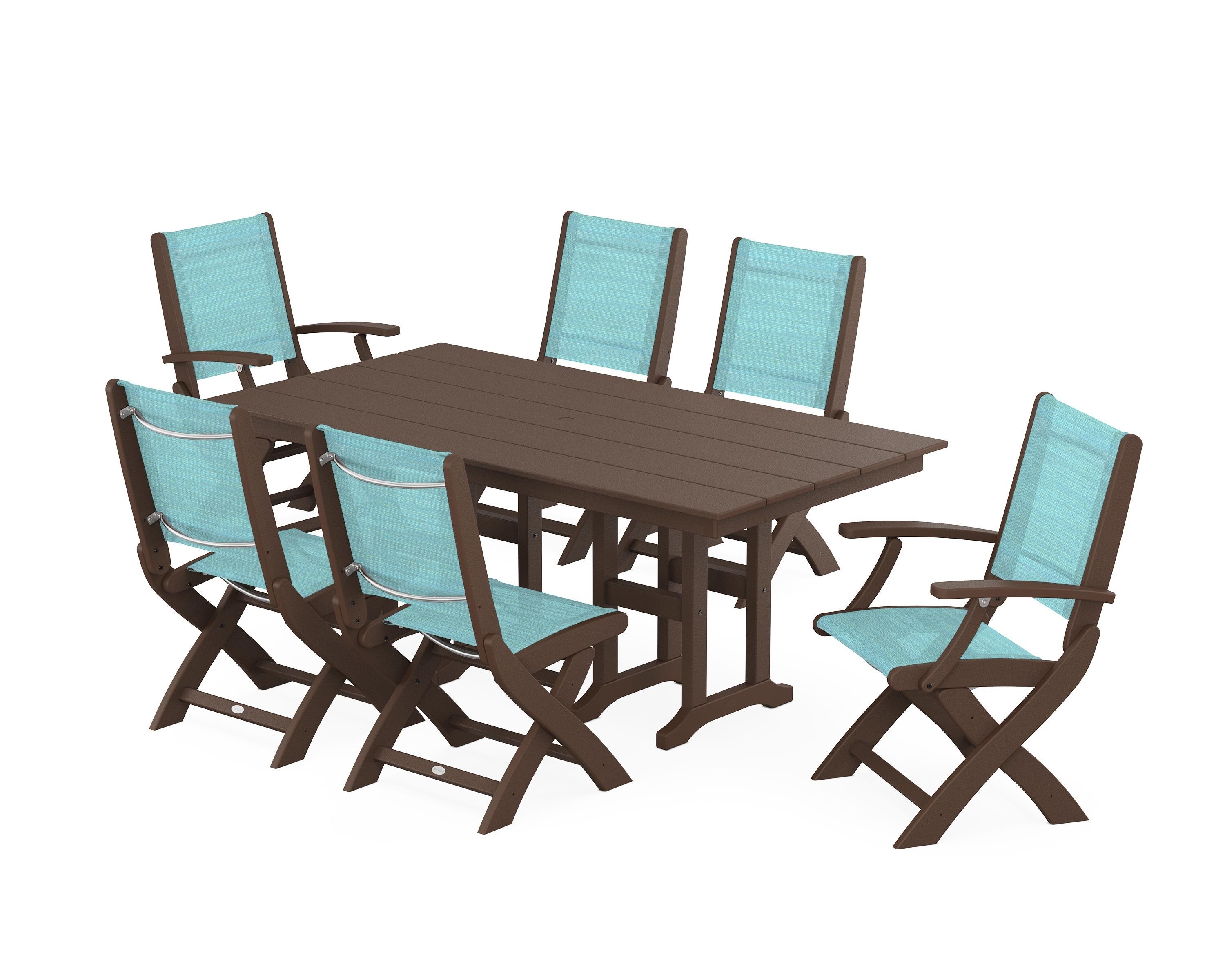POLYWOOD Coastal Folding Chair 7-Piece Farmhouse Dining Set in Mahogany / Dupioni Aquamarine Sling