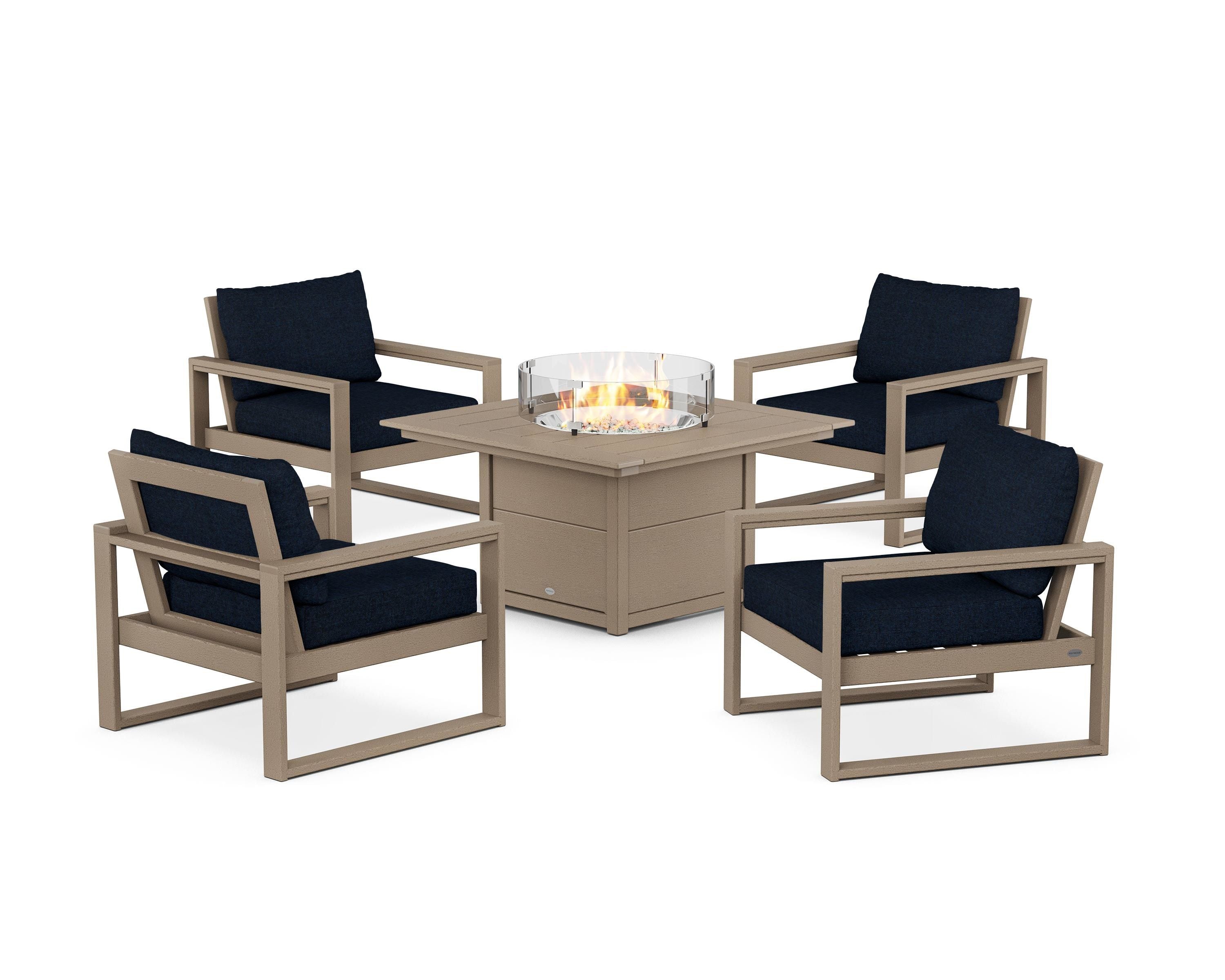POLYWOOD EDGE Sectional 5-Piece Deep Seating Set with Fire Pit Table in Vintage Sahara / Marine Indigo