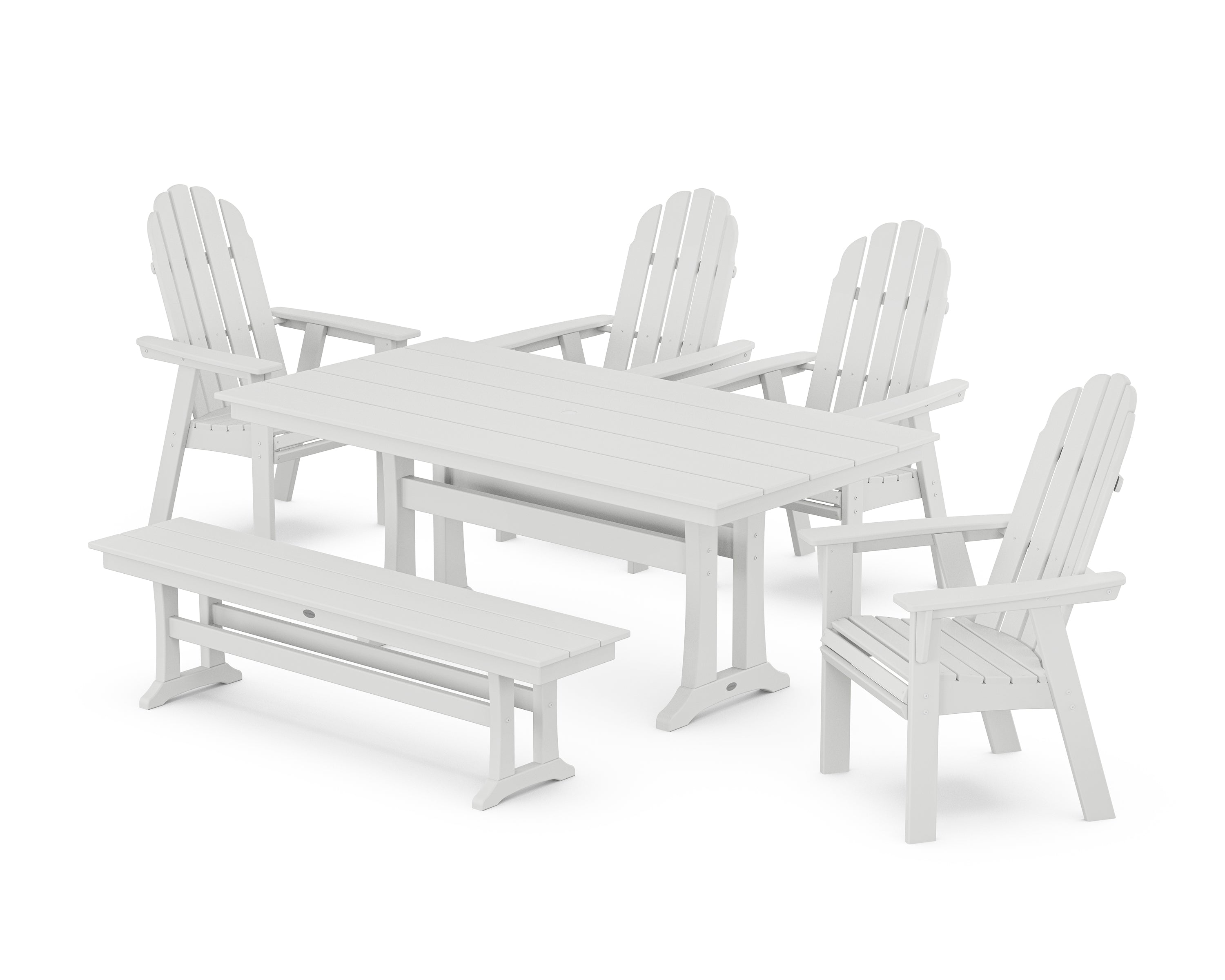 POLYWOOD Vineyard Curveback Adirondack Chair 6-Piece Farmhouse Dining Set with Trestle Legs and Bench in White