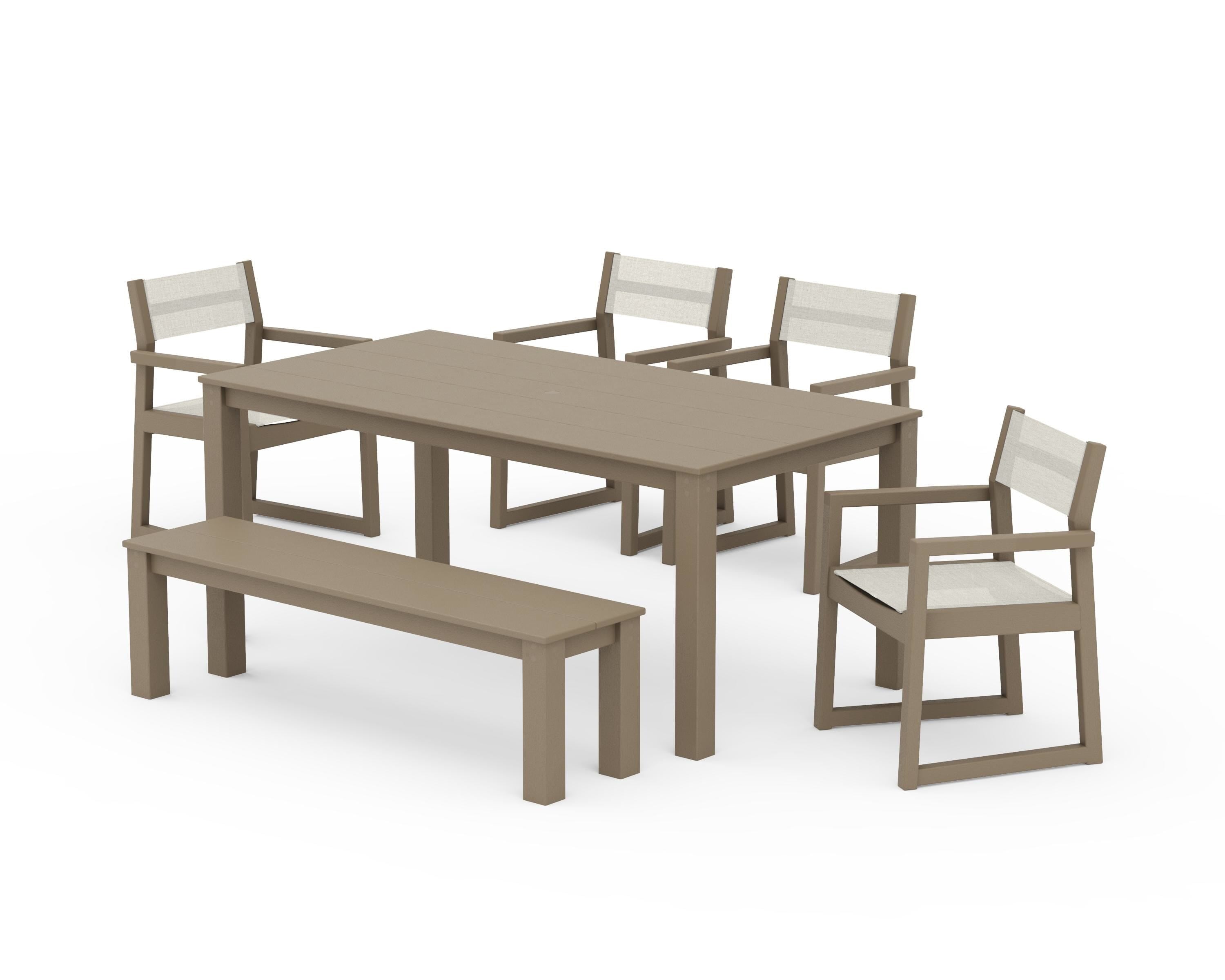 POLYWOOD EDGE Sling Arm Chair 6-Piece Parsons Dining Set with Bench in Vintage Sahara / Parchment Sling