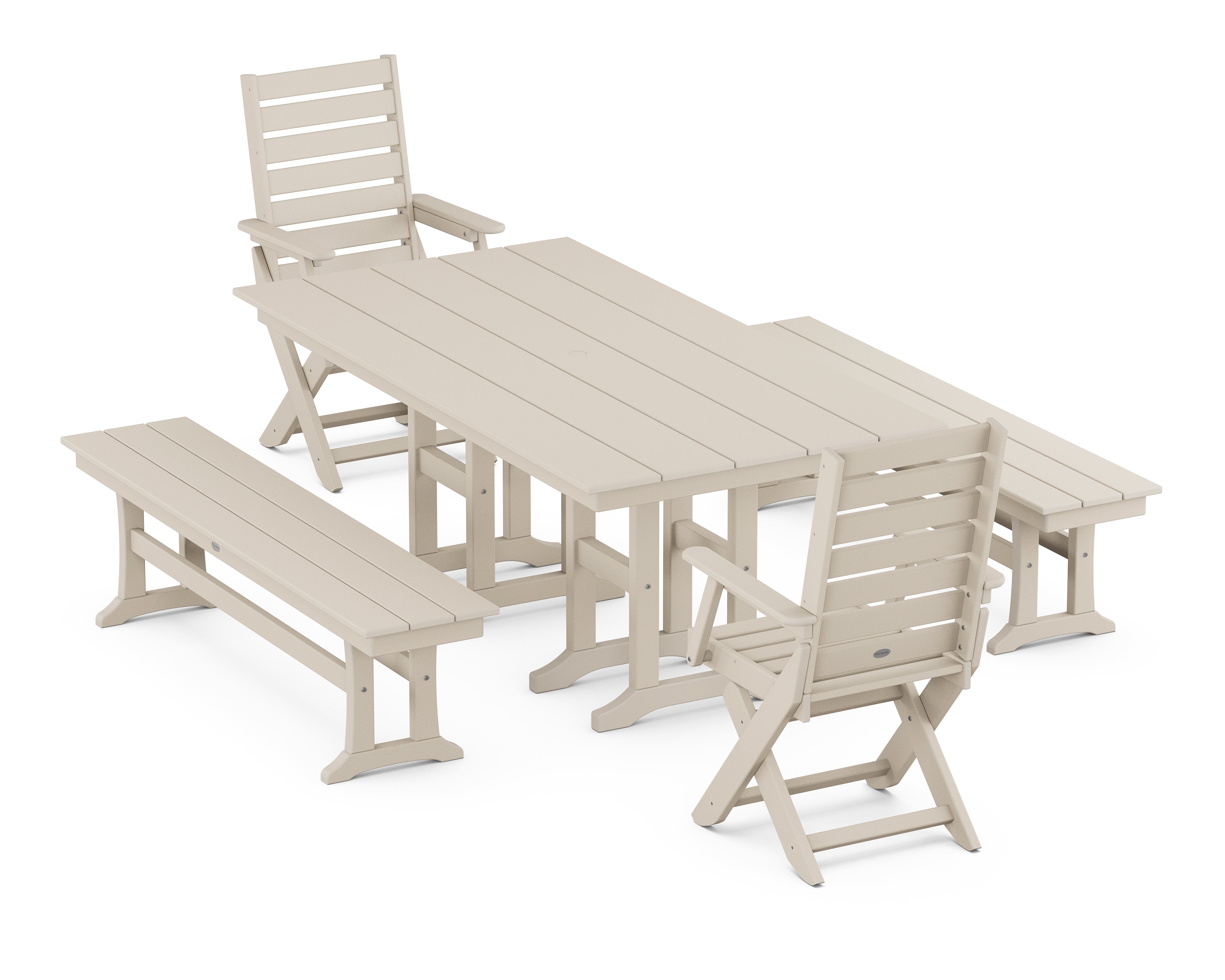 POLYWOOD® Captain Folding Chair 5-Piece Farmhouse Dining Set with Benches in Sand