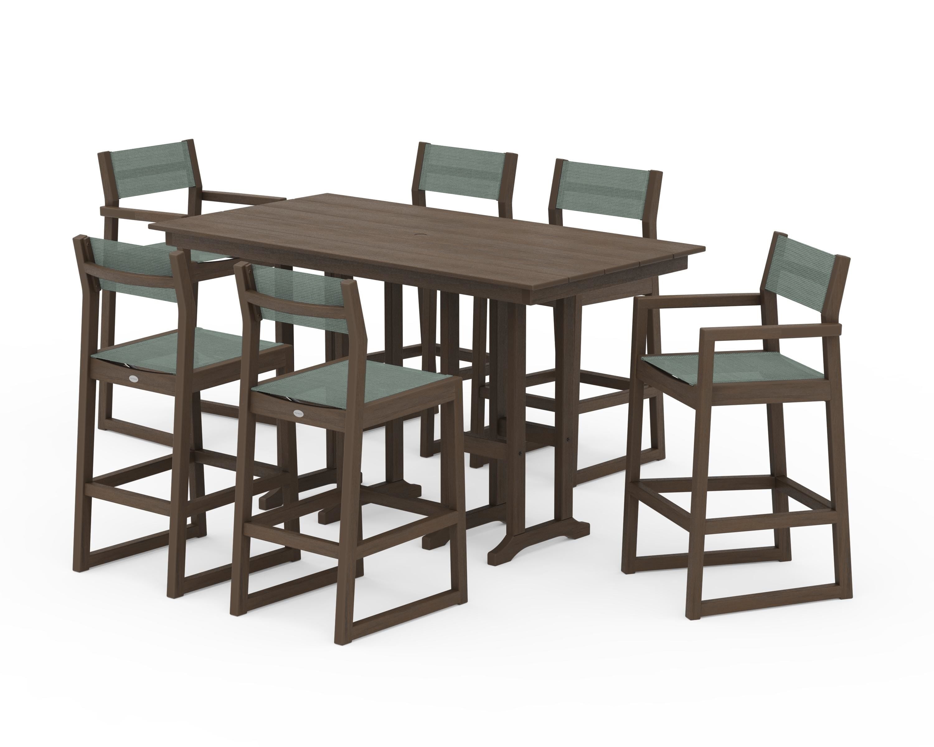 POLYWOOD EDGE Sling 7-Piece Farmhouse Bar Set in Kona / Dupioni Sea Mist Sling