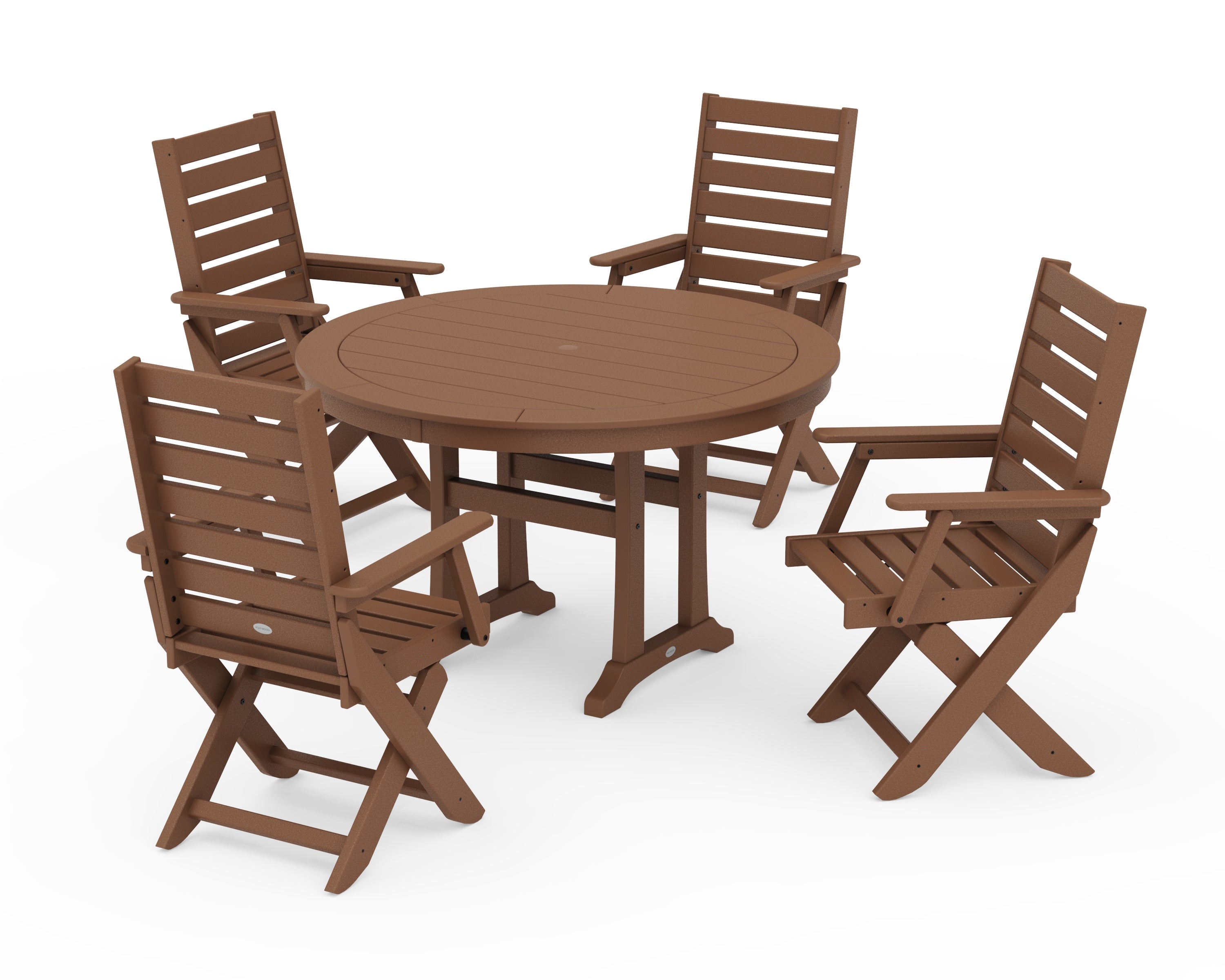 POLYWOOD Captain Folding Chair 5-Piece Round Dining Set with Trestle Legs in Teak