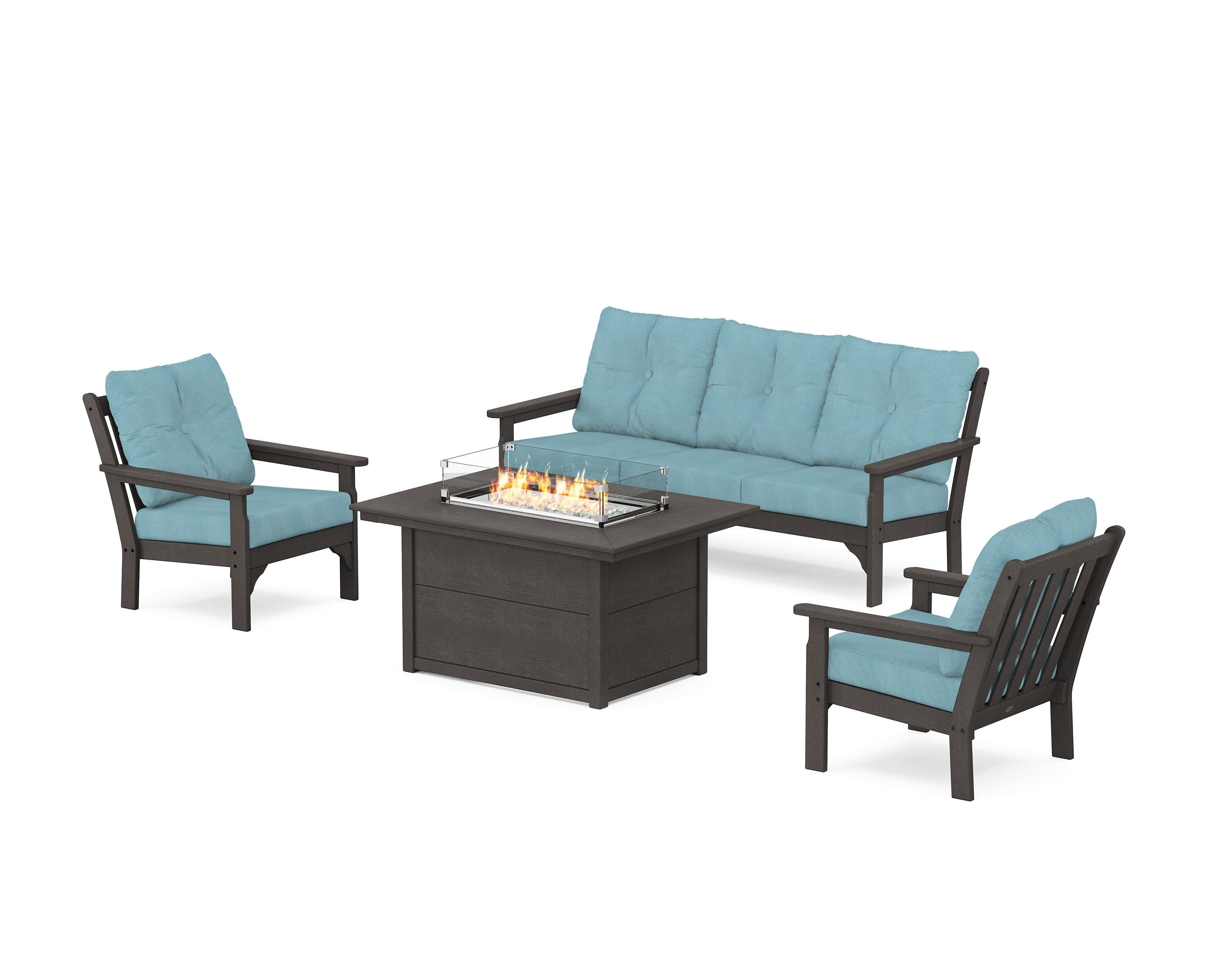 POLYWOOD Vineyard Deep Seating Fire Pit Table Set in Vintage Coffee / Lattice Sky Blue