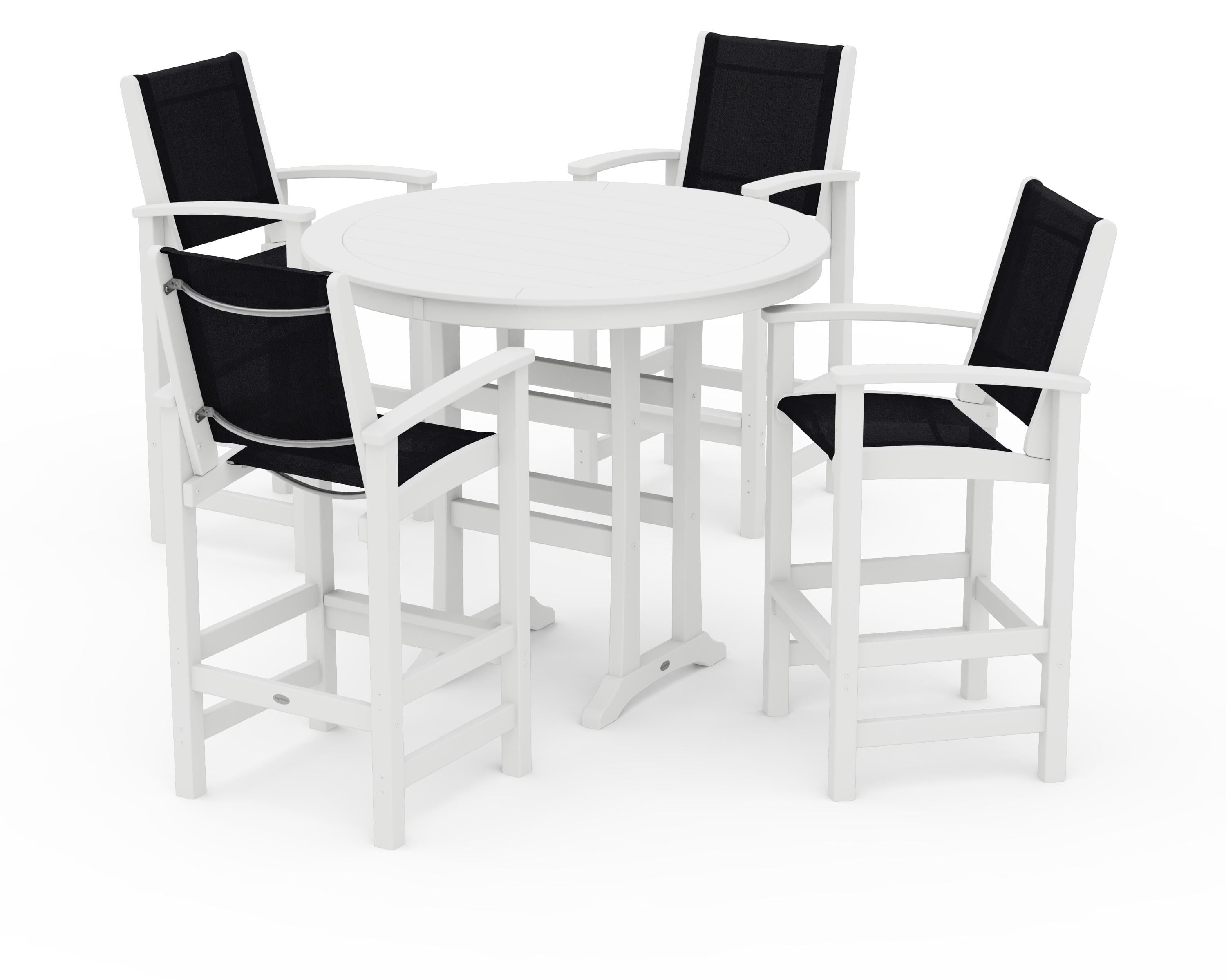 POLYWOOD Coastal 5-Piece Nautical Trestle Bar Set in White / Black Sling