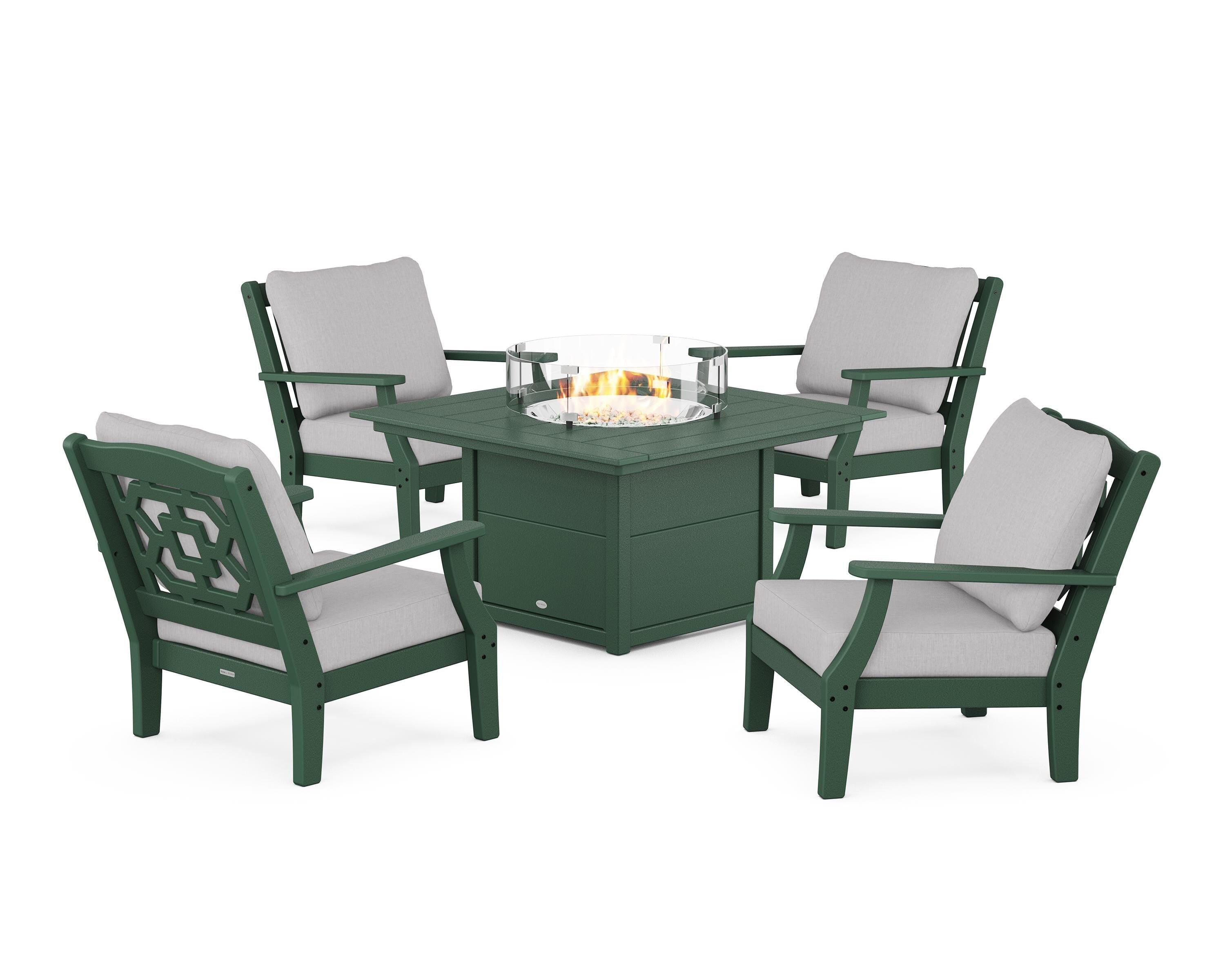 Martha Stewart by POLYWOOD Chinoiserie 5-Piece Deep Seating Set with Fire Pit Table in Green / Granite