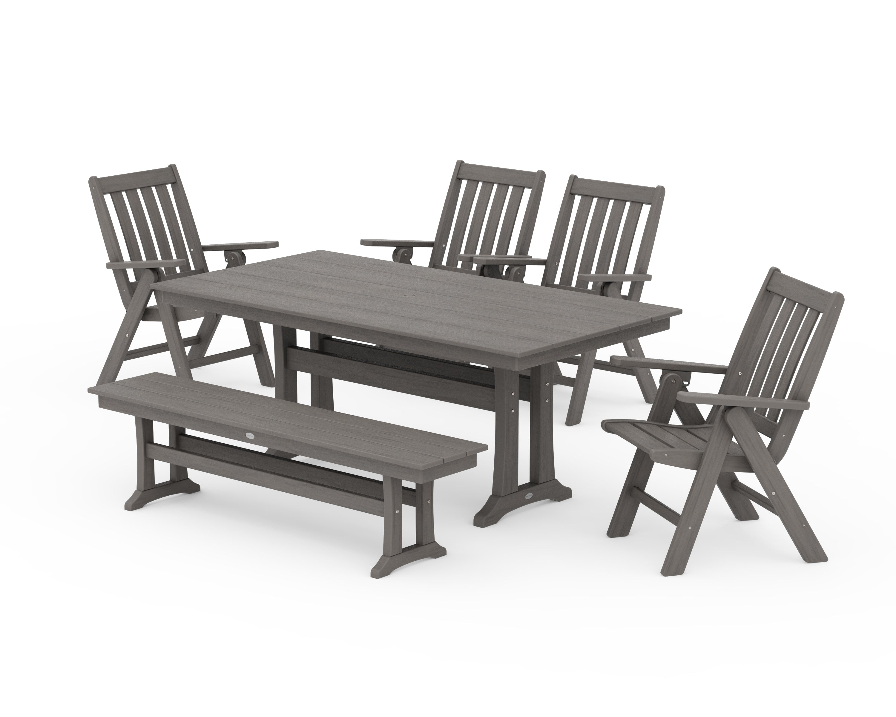 POLYWOOD Vineyard 6-Piece Folding Chair Farmhouse Dining Set with Trestle Legs and Bench in Driftwood