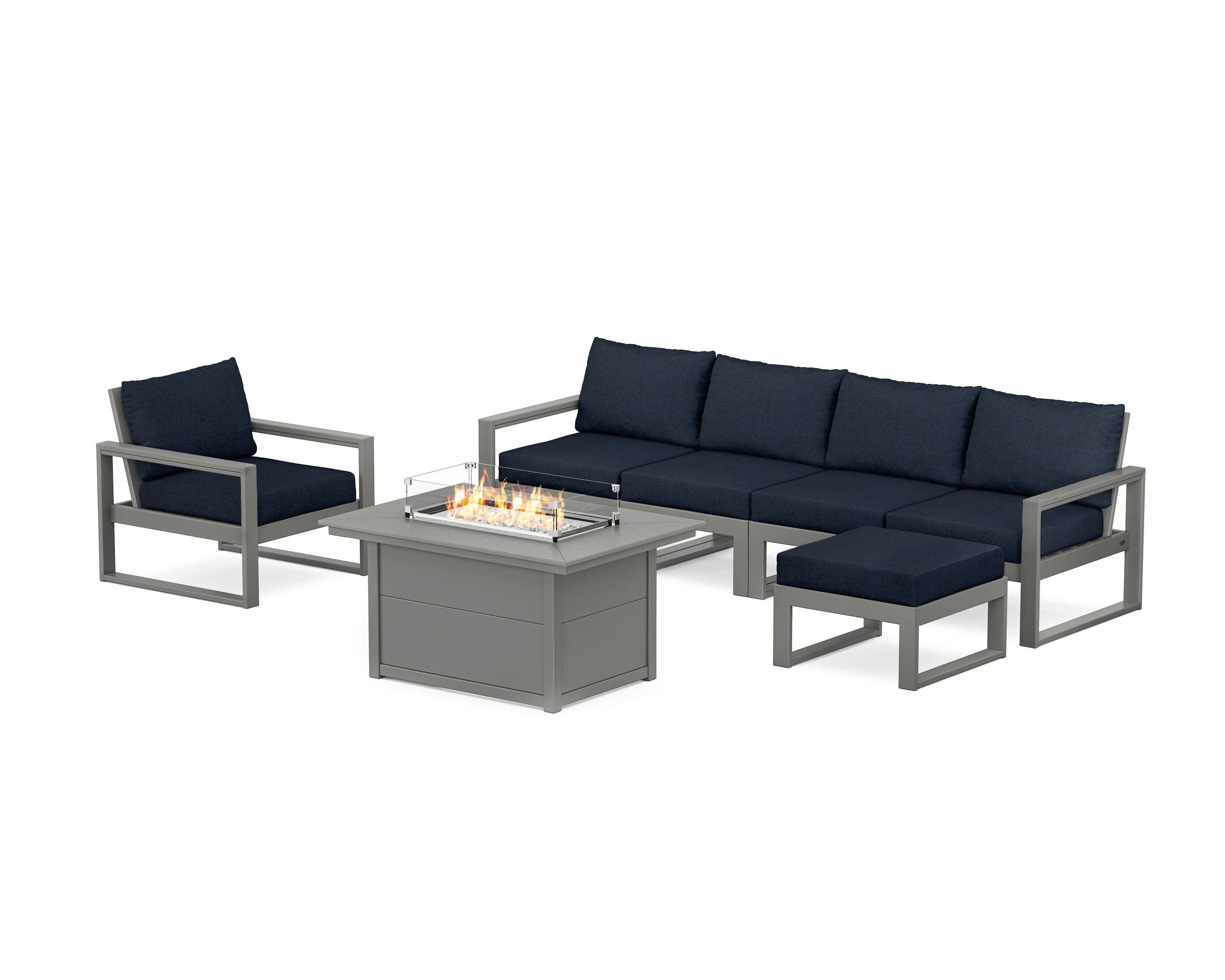 POLYWOOD EDGE Sectional Lounge and Fire Pit Set in Slate Grey / Marine Indigo