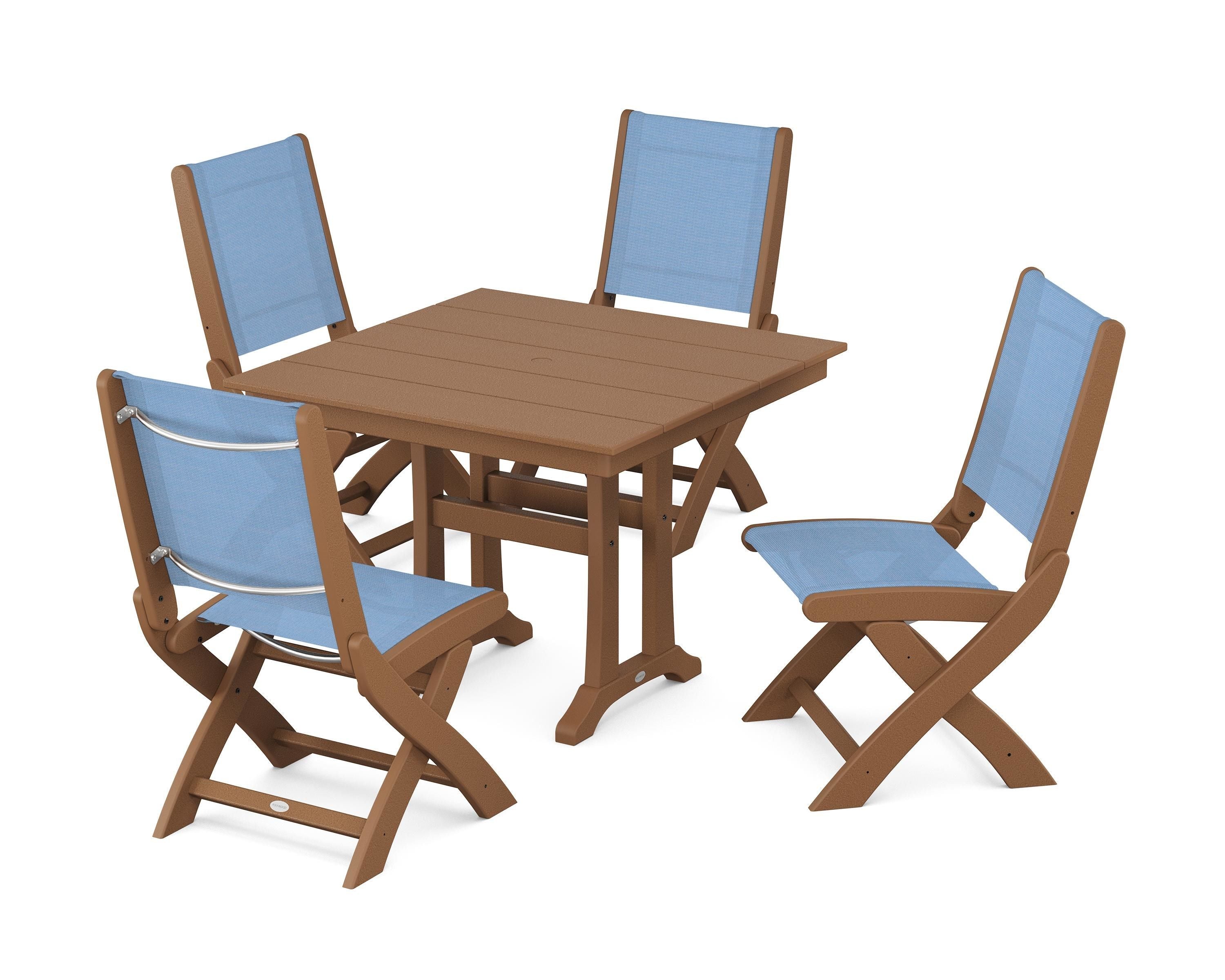 POLYWOOD Coastal Folding Side Chair 5-Piece Farmhouse Dining Set With Trestle Legs in Teak / Poolside Sling