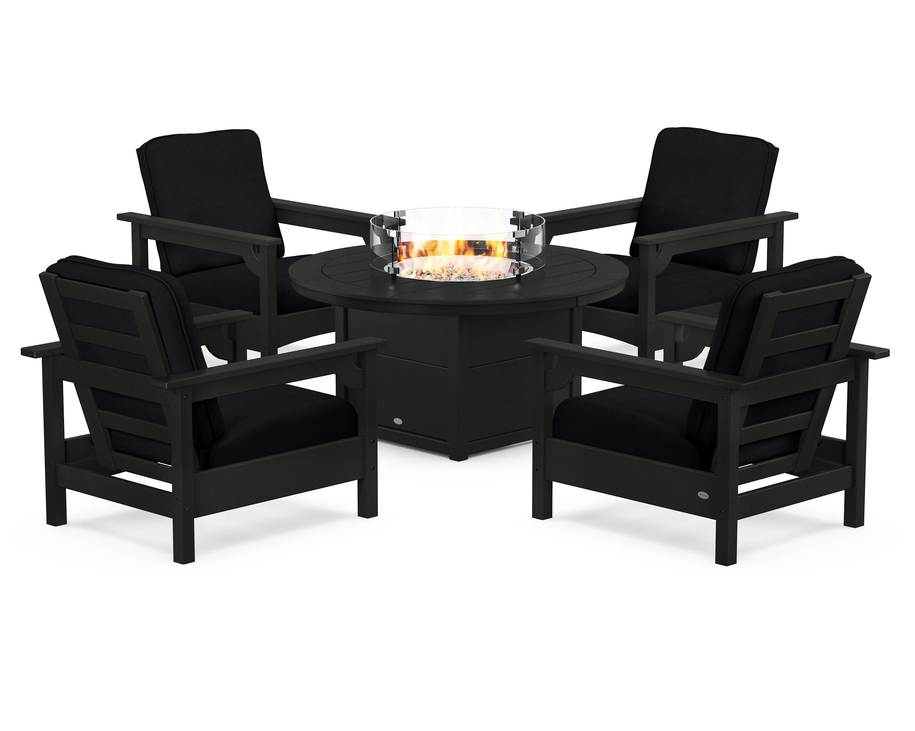 POLYWOOD Club 5-Piece Conversation Set with Fire Pit Table in Black / Midnight Linen