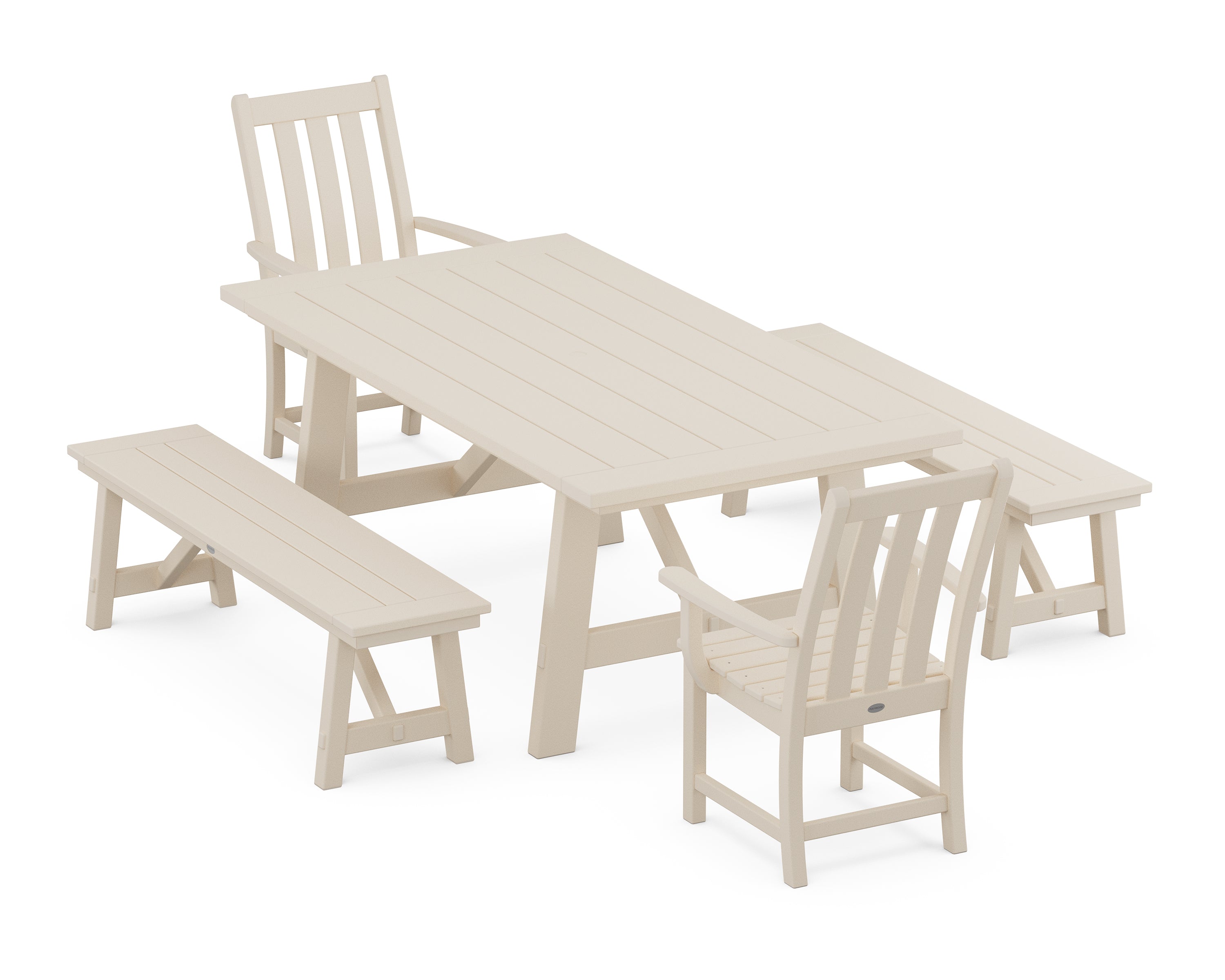 POLYWOOD® Vineyard 5-Piece Rustic Farmhouse Dining Set With Benches in Sand