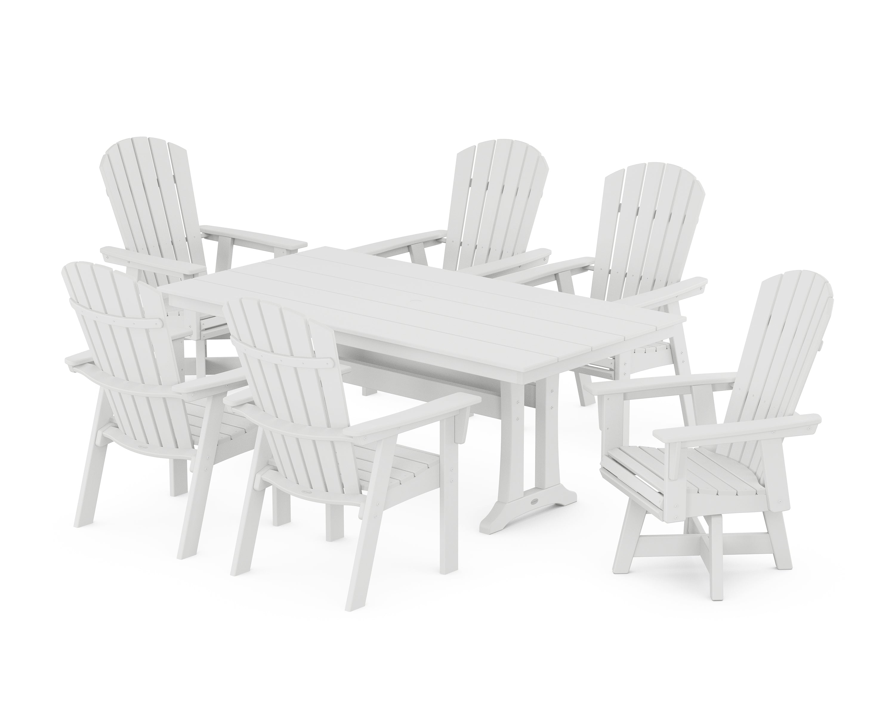 POLYWOOD® Nautical Curveback Adirondack Swivel Chair 7-Piece Farmhouse Dining Set With Trestle Legs in White