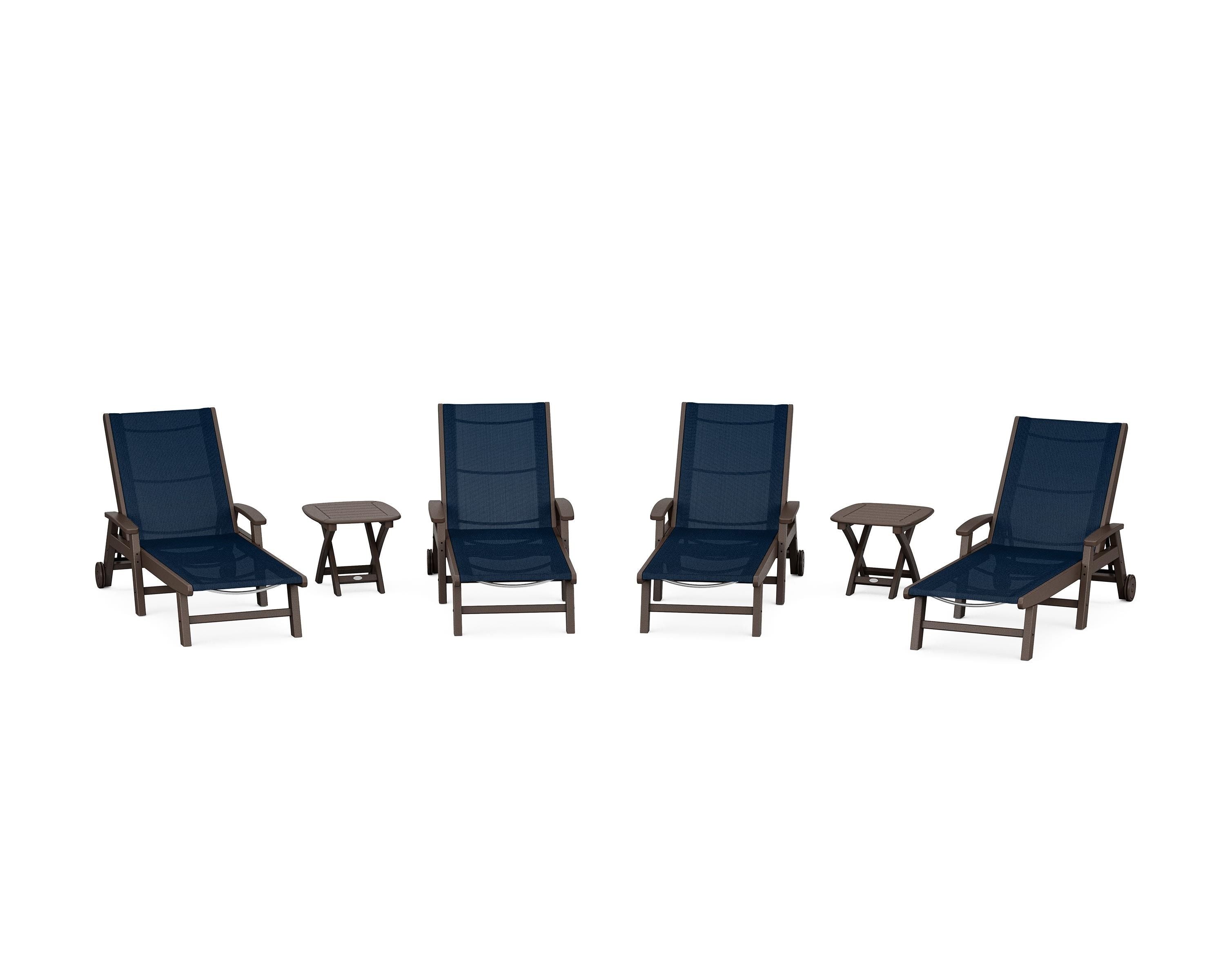 POLYWOOD Coastal Chaise 6-Piece Set with Wheels in Mahogany / Navy Blue Sling