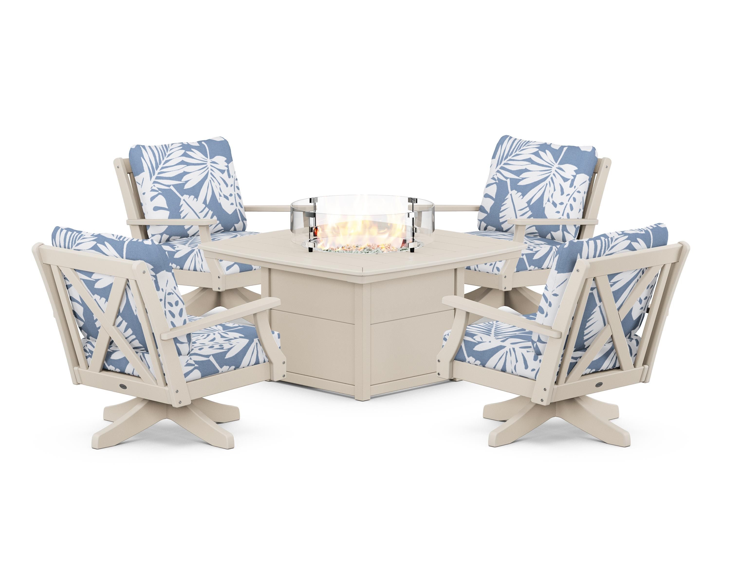 POLYWOOD Braxton 5-Piece Deep Seating Swivel Conversation Set with Fire Pit Table in Sand / Leaf Sky Blue