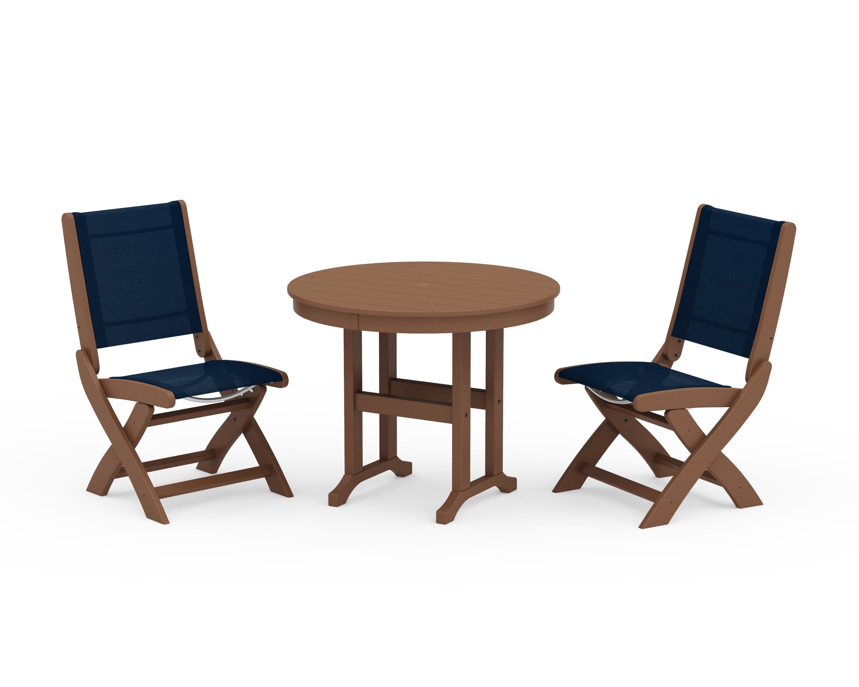 POLYWOOD Coastal Folding Side Chair 3-Piece Round Dining Set in Teak / Navy Blue Sling