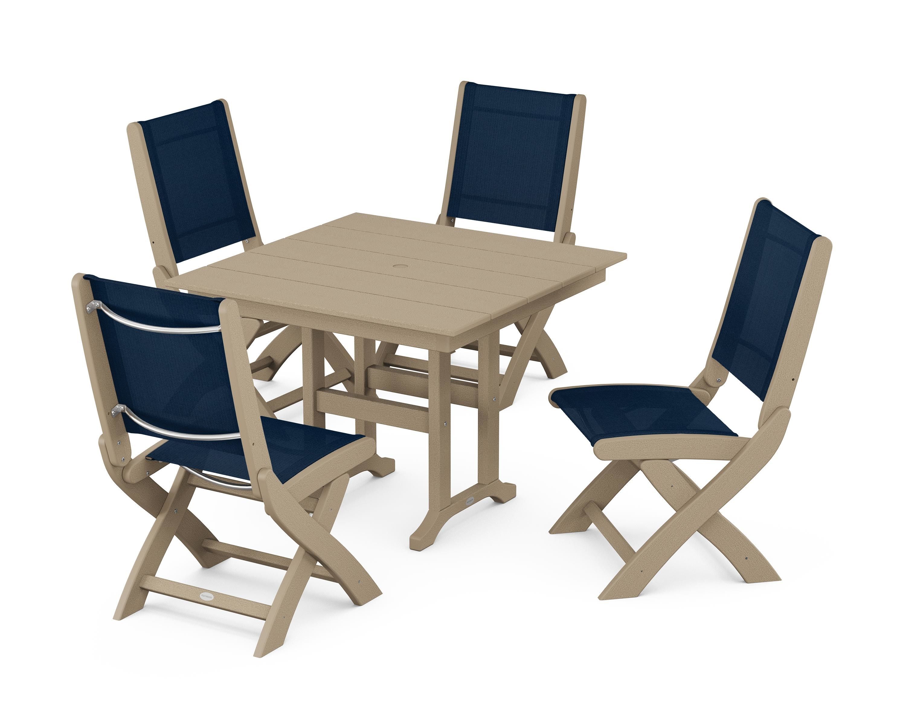 POLYWOOD Coastal Folding Side Chair 5-Piece Farmhouse Dining Set in Vintage Sahara / Navy Blue Sling