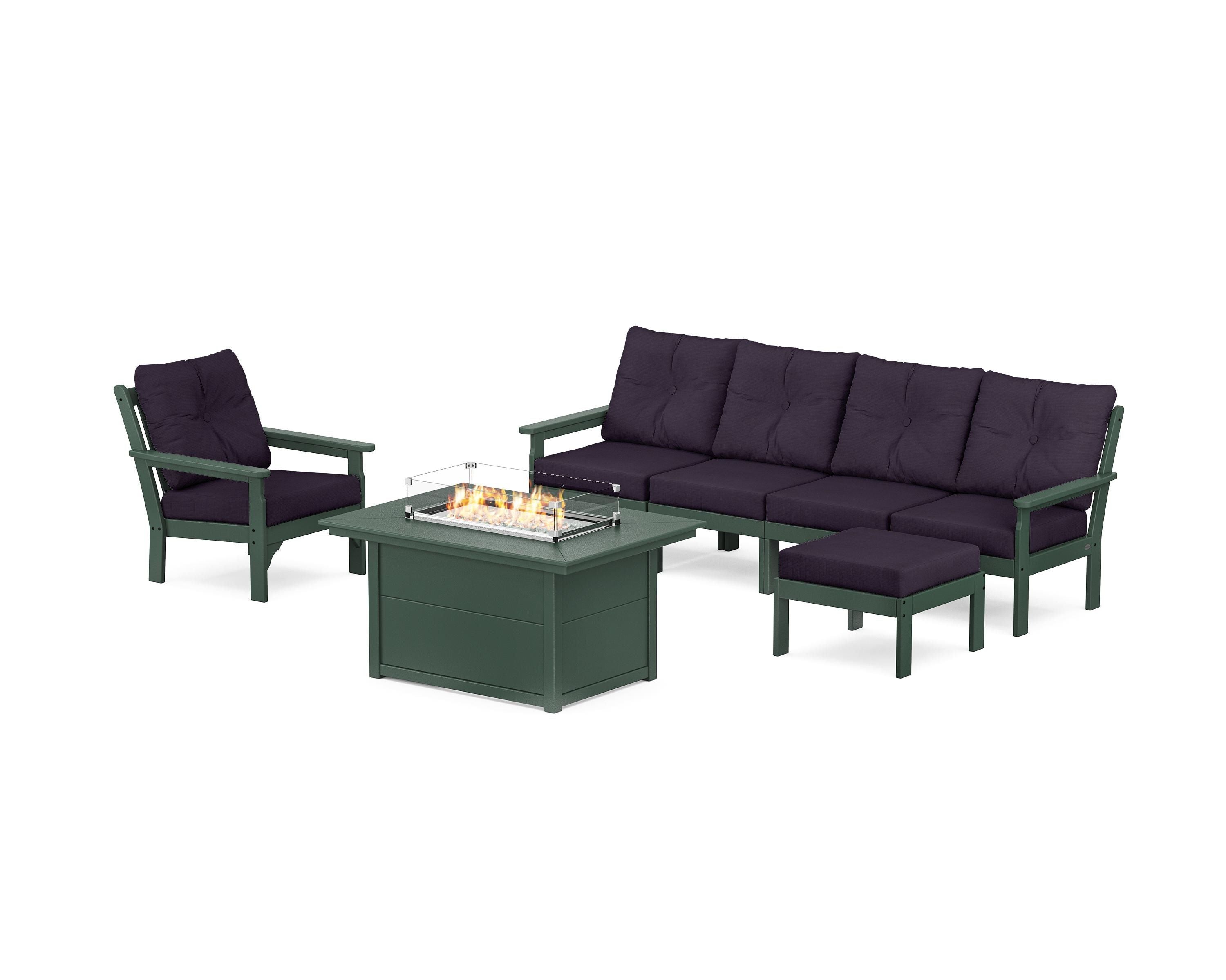 POLYWOOD Vineyard Sectional Lounge and Fire Pit Set in Green / Navy Linen